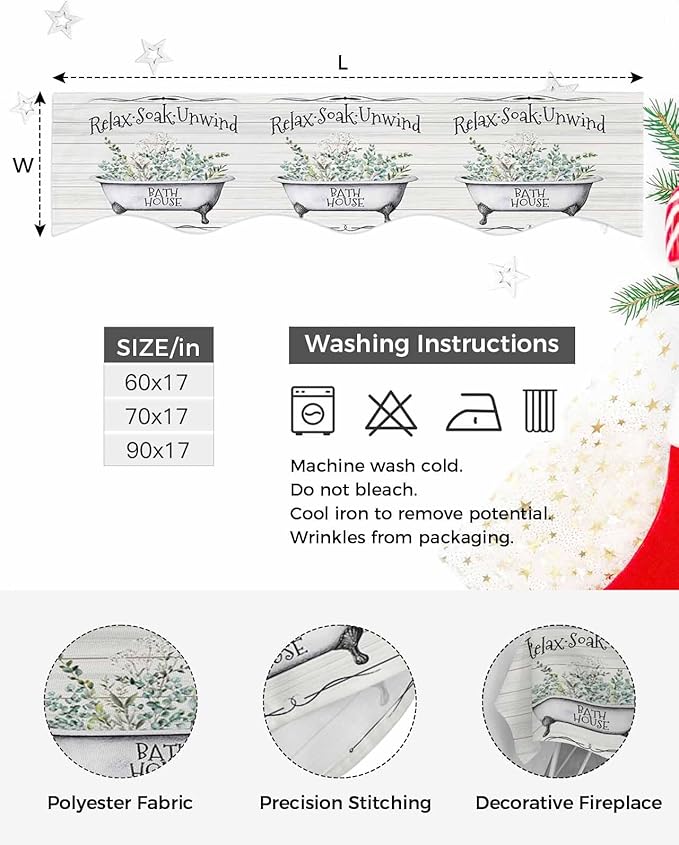 Bathtub Eucalyptus Leaves Fireplace Mantel Scarf Table Runner, Farmhouse Botanical Wooden Winter Garland Mantel Top Tablerunners Dresser Scarves Decorations for Windows Party Living Room 70''x17''