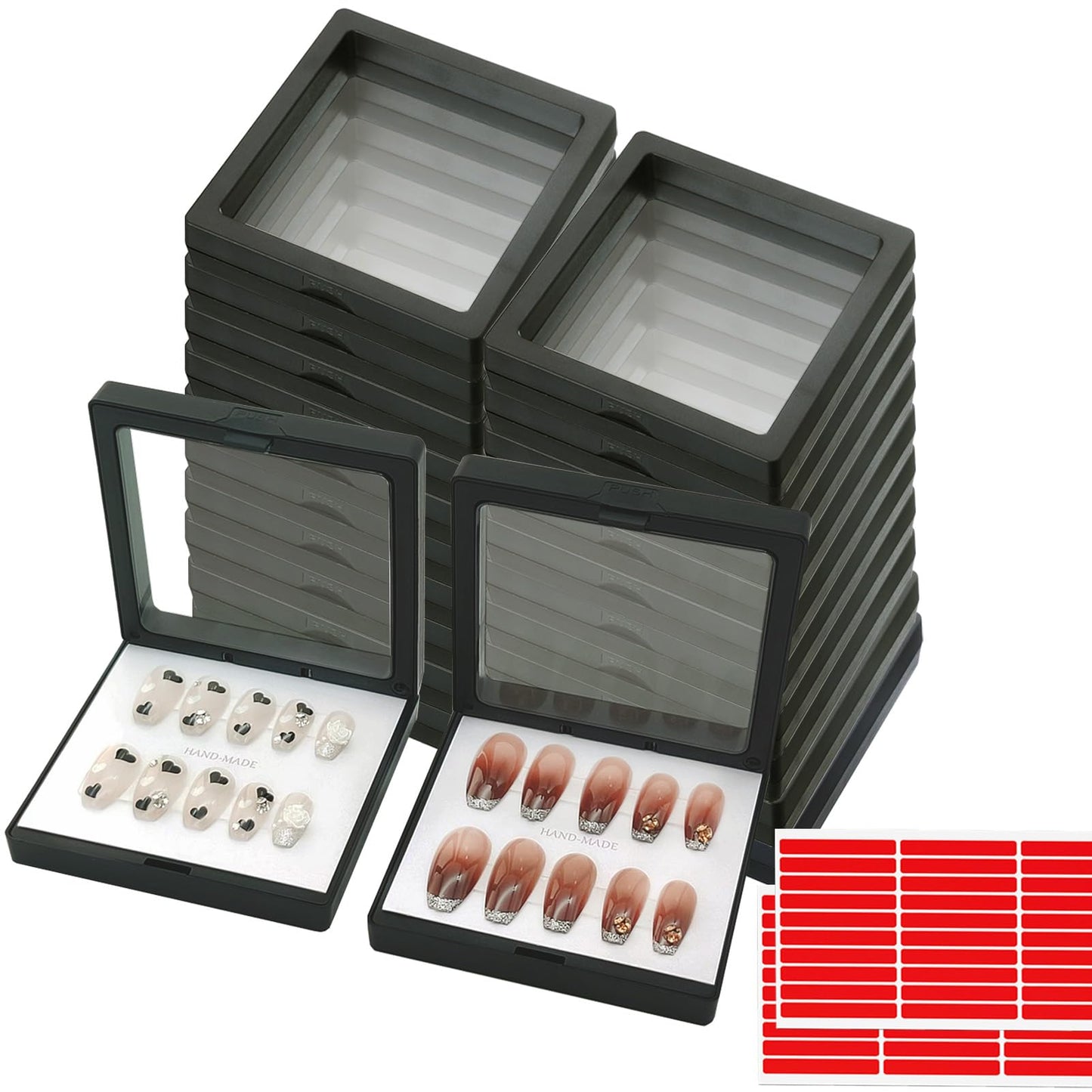 GUXACU Press On Nail Packaging Boxes 3D Floating Press On Nail Storage Box Nail Display Box with 60pcs Double Sided Adhesive Nail Display Tape for Nail Tech (Black, 3.5 inch)