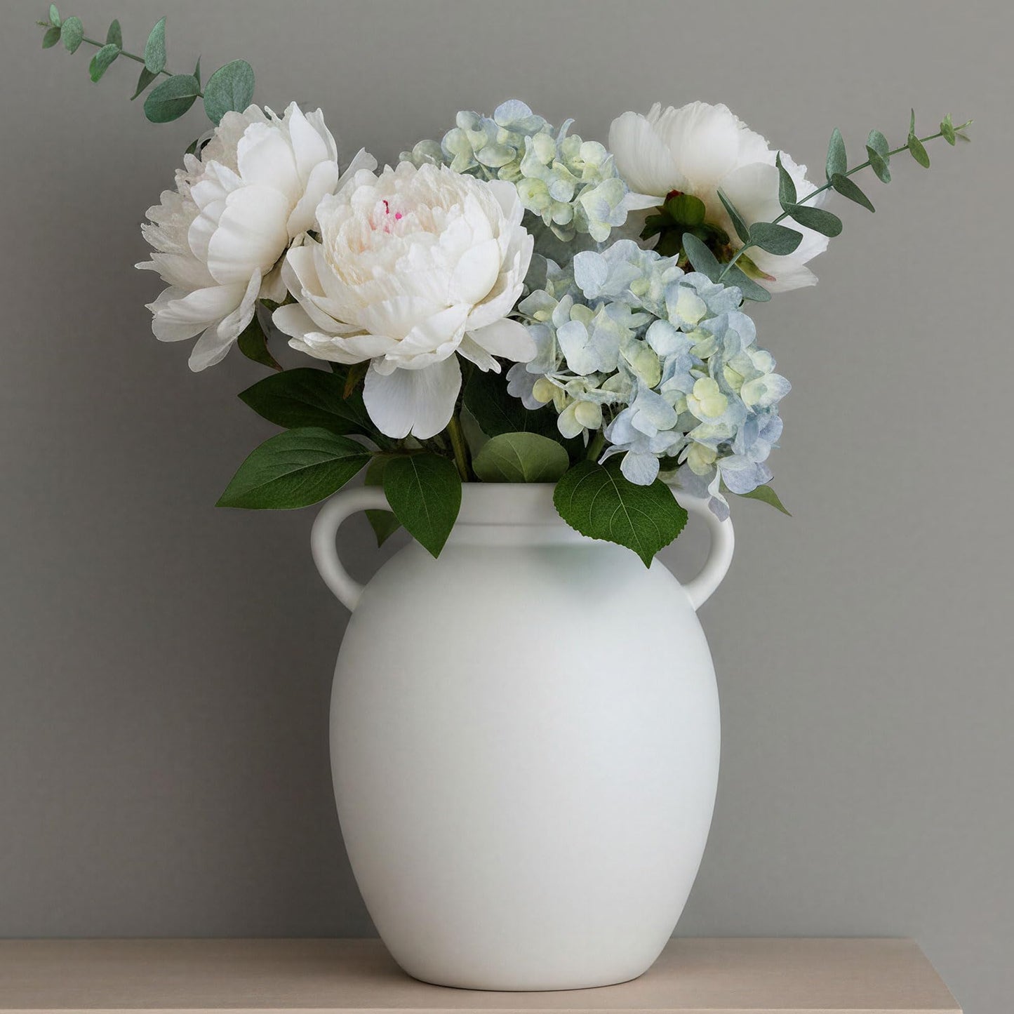 hjn Matte White Ceramic Jug Vase with Handles - Farmhouse Nordic Style Vase for Dried Fresh Flowers, Living Room Tabletop Home Decor (Pitcher-Shaped-8''dx9''h)