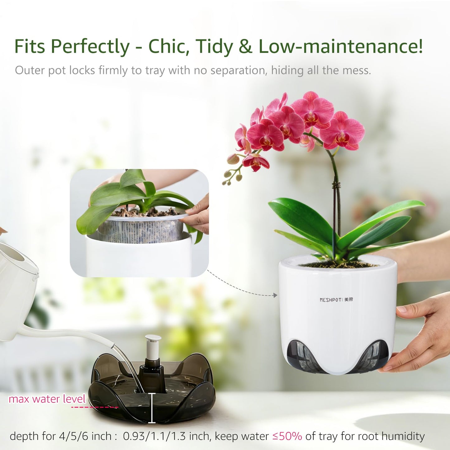 Meshpot 6 inch Orchid Pots with Holes for Repotting with Excellent Airflow, Set of 1, Double Layer Plastic Imitate Ceramic Orchid Planter, Clear Orchid Pot Match Decorative Orchid Container