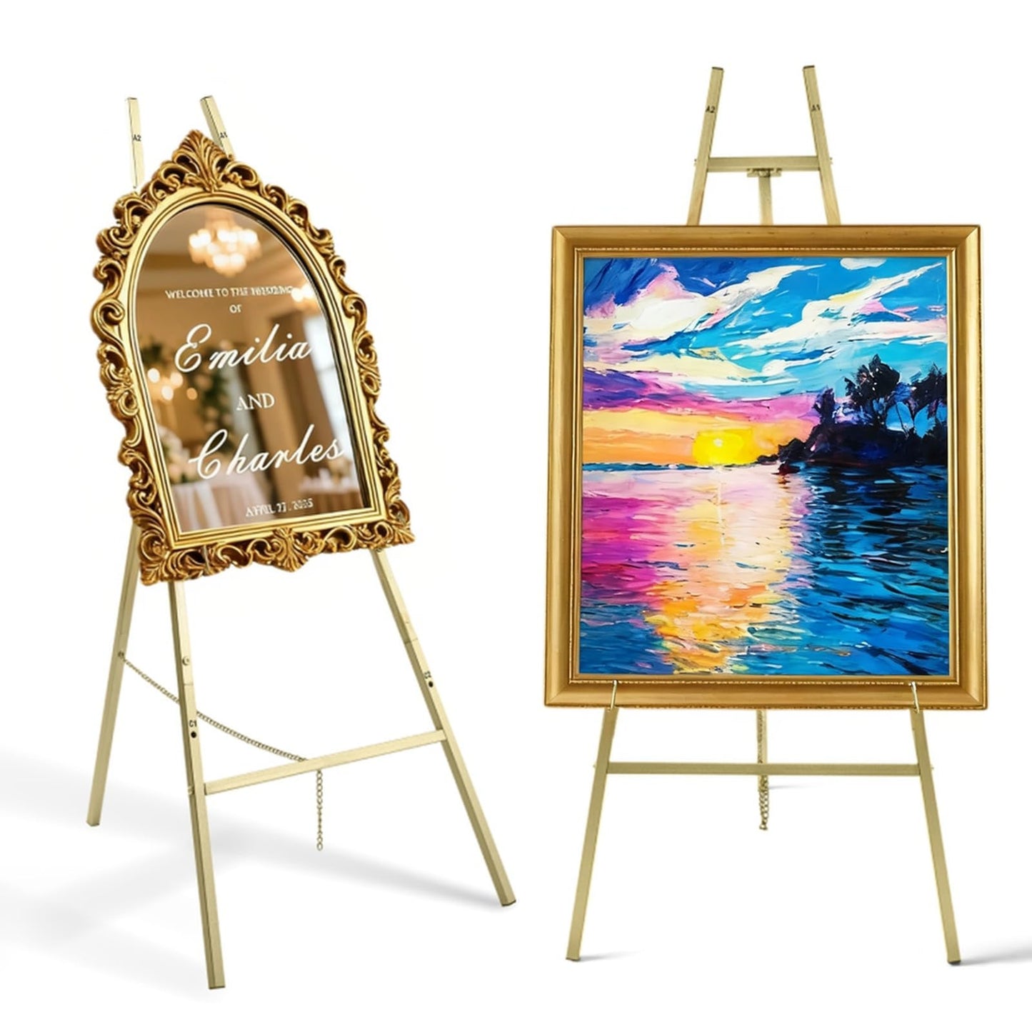Gold Easel Stand For Sign,Heavy Duty Easel - 4 Tier Adjustable Height Gold Easel Display Easel Stand For Wedding Sign,Paintings,Posters,Welcome Signs,Pictures,With Chain Heavy Duty Metal Display Easel