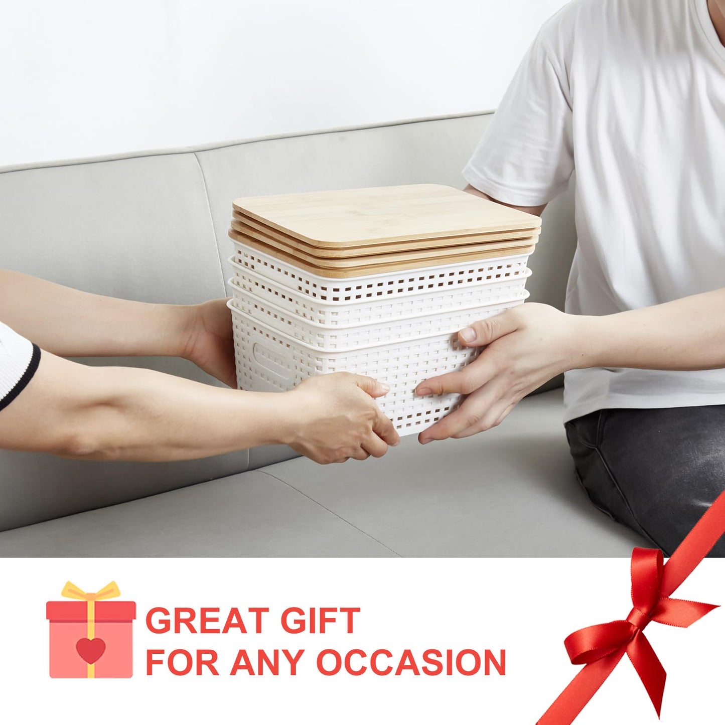Bagnizer Small Plastic Storage Bins with Bamboo Lids 5.2qt Stackable Box Basket Pantry Decorative Containers Cute with Labels for Organizing Desktop Closet Office Cream White of 6 packs 10*7.2*4.1"