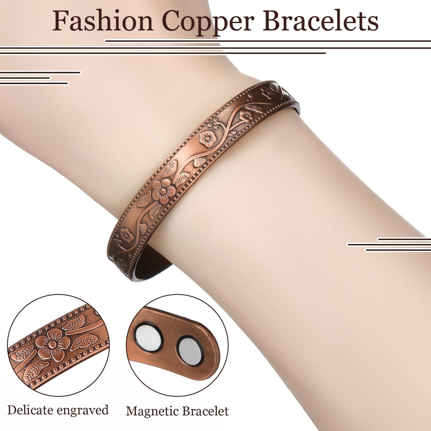 Highergo 6 Pcs Copper Magnetic Bracelet for Women Ultra Strength Magnetic Copper Bracelet Adjustable Flower Pattern Cuff Bangles Jewelry Gift