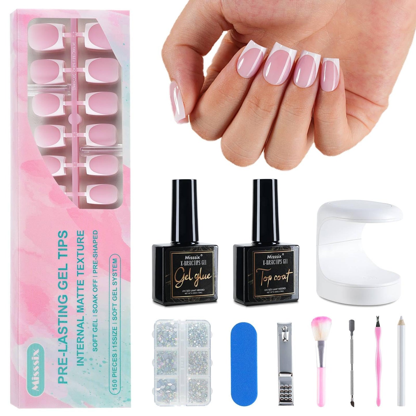 Misssix French Tip Press On Nails, 150Pcs French Gel Nail Tips Short Square, Pink White Soft Gel Fake Nails, X-BASIC Tips Starter Kit for Nail Art DIY 15 Sizes
