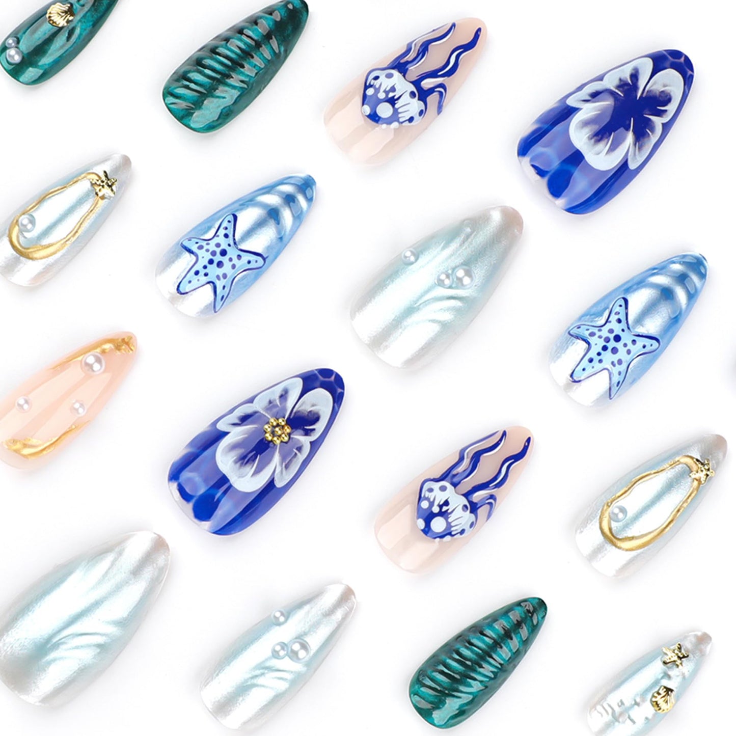 Summer Beach Press on Nails Medium Almond Fake Nails 3D Ocean Waves Acrylic Nails Blue Jellyfish Starfish Artificial Nails Gold Star False Nails with Pearl Designs Glue on Nails for Women Girls 24Pcs