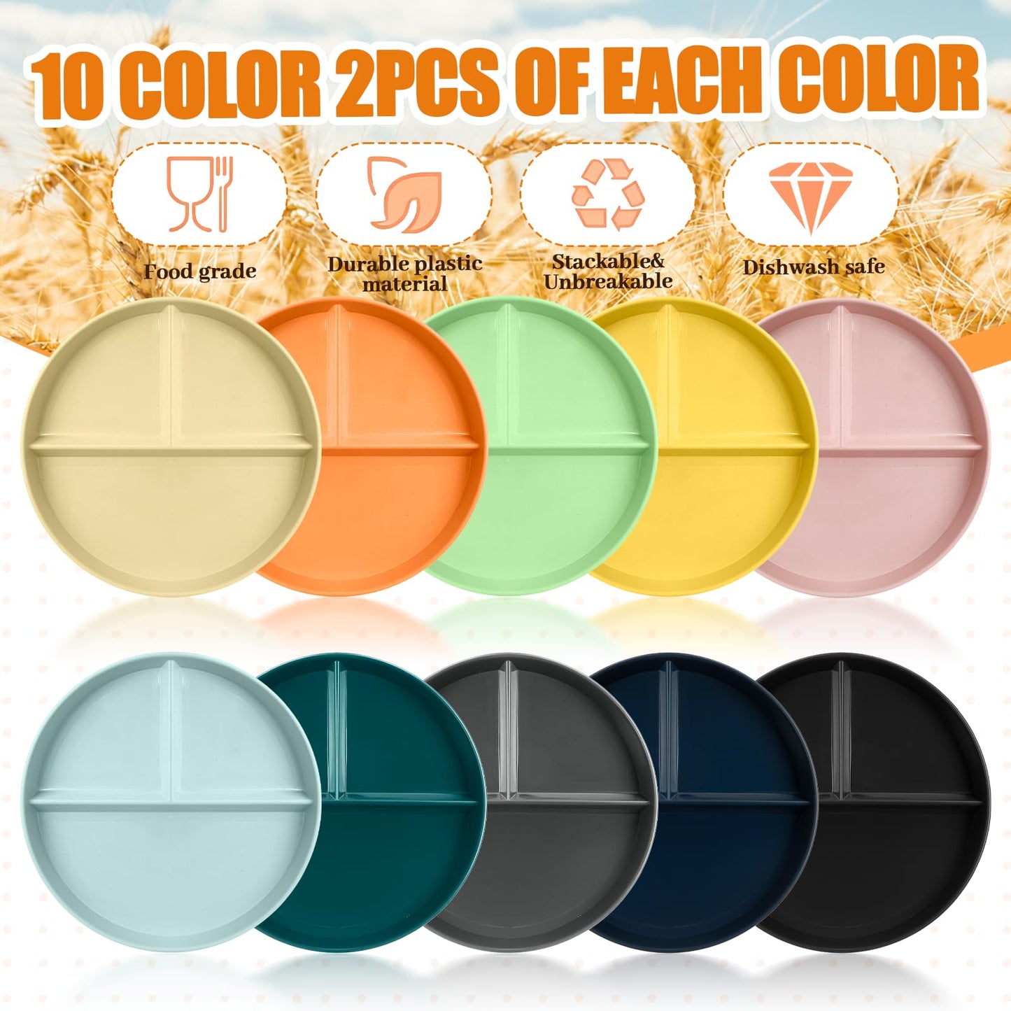 Acellegic 20 Pcs Plastic Divided Plates with 3 Compartments for Adult 9 Inch Portion Control Plates 10 Colors Reusable Unbreakable Dinnerware Lightweight Food Separator (Round)