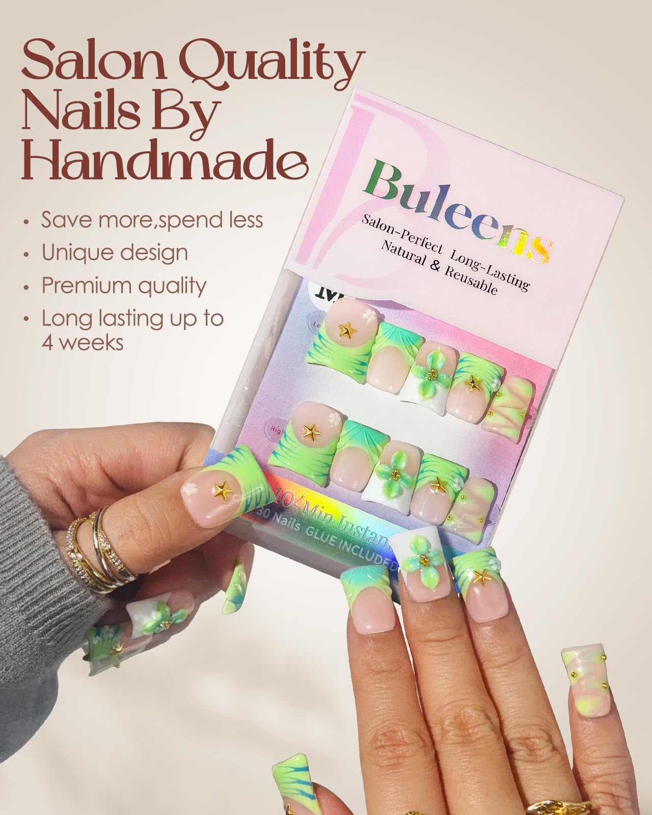 Buleens Handmade Press on Nails Acrylic Duck Nails-10pcs Short Fresh Spring Green Flower 3D Fake Nails Kits with Glue