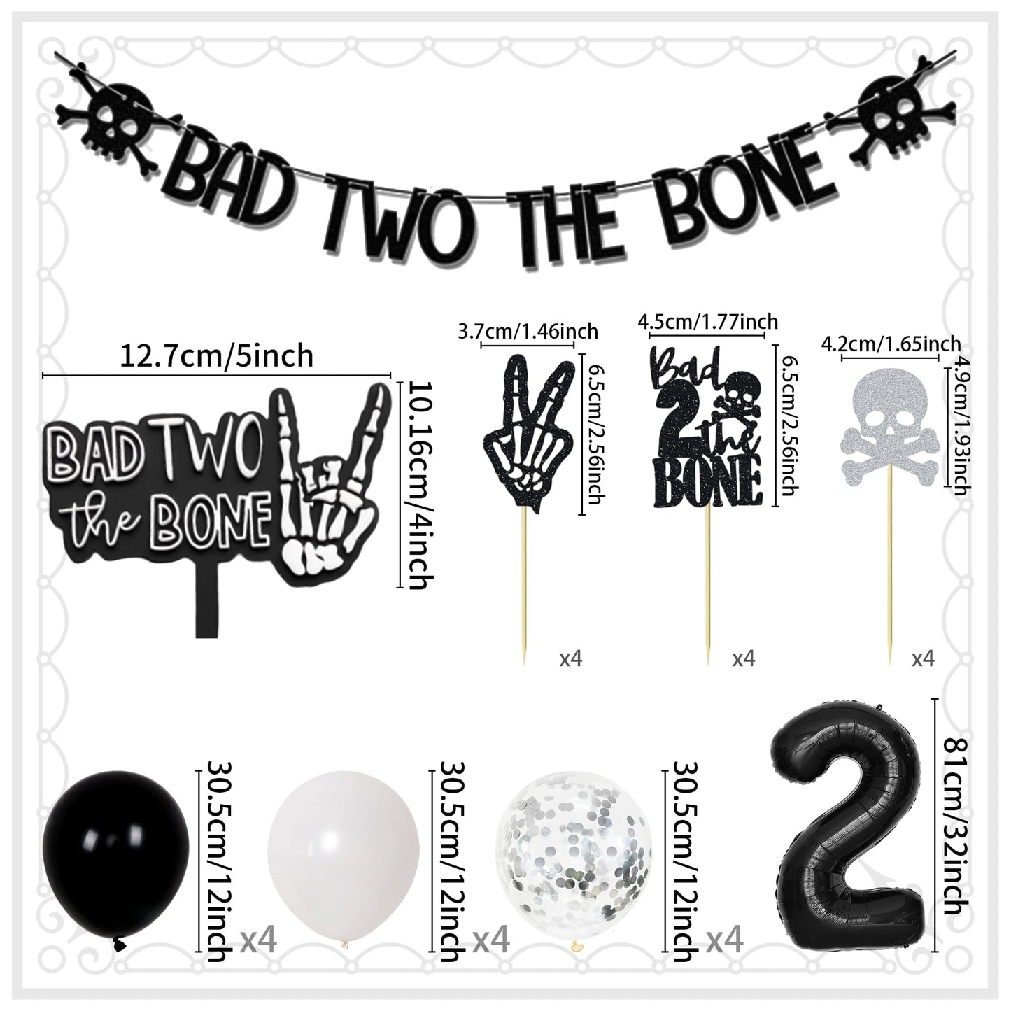 Bad Two The Bone Birthday Decorations,Include Banner Cake Toppers Cupcake Toppers,Party Music Themed Decorations with Balloons for Skeleton Rock and Roll Birthday(Black and White Balloons)