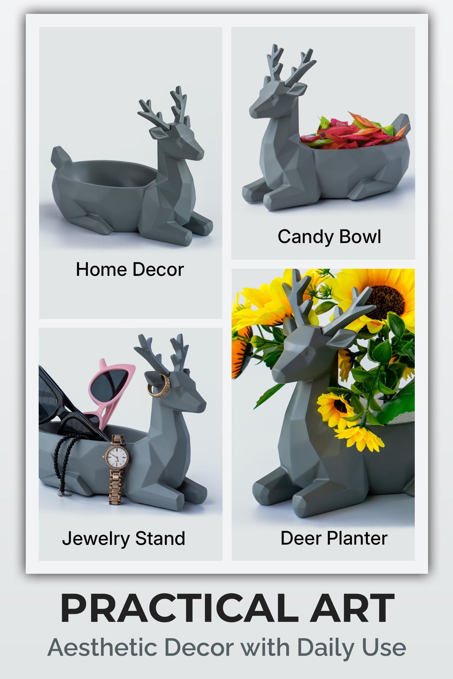 Fuzrea Low-Poly Deer Statue, Gray Resin Deer Candy Bowl & Key Holder, Reindeer Candy Dish Home Decor for Living Room, Office, Dining Table, Shelves, Entryway