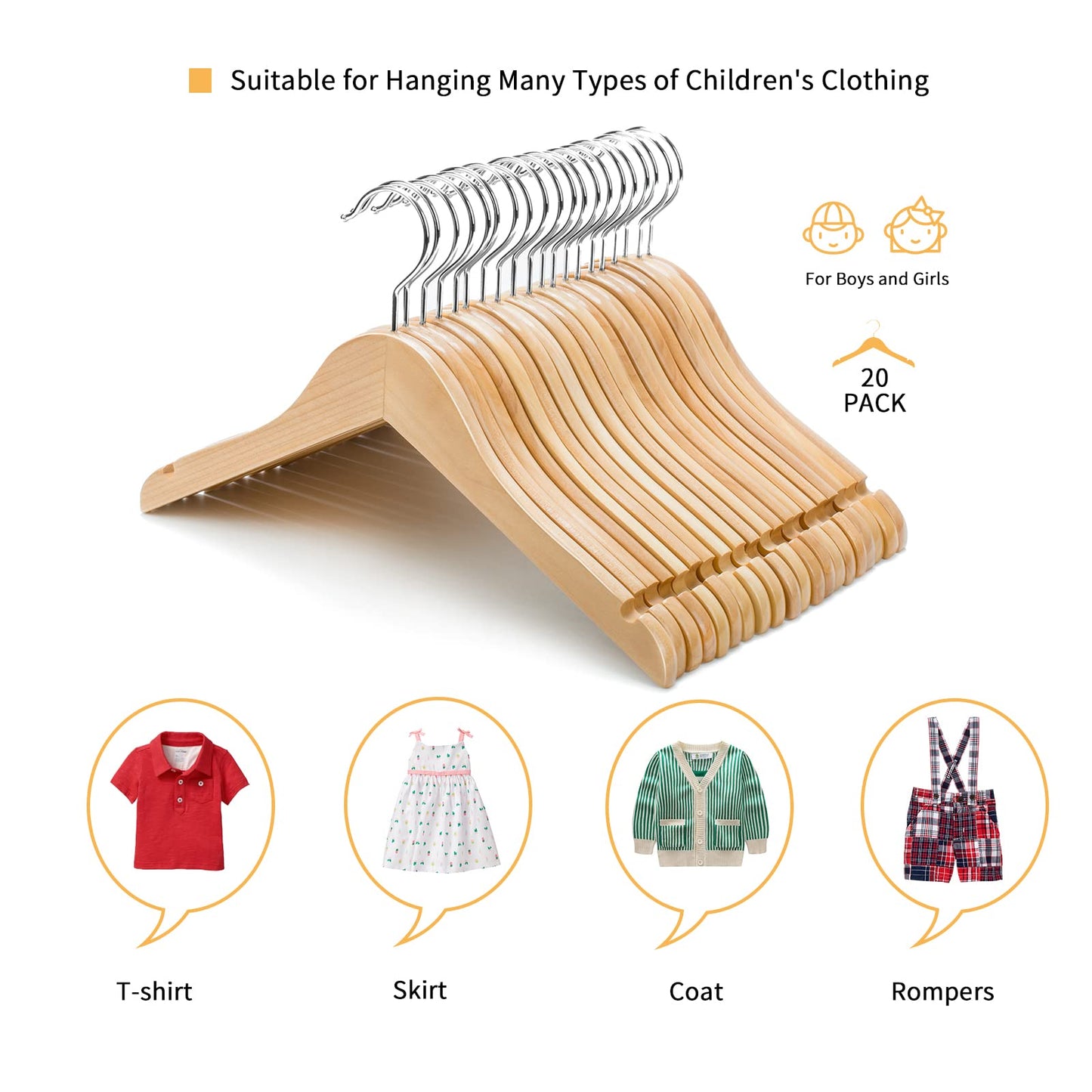 Nature Smile Juniors Preteen Older Children Wooden Coat Hangers 14 Inches Wood Dress Shirt Jacket Hangers with Anti-Rust Hook (20 Pack Natural)