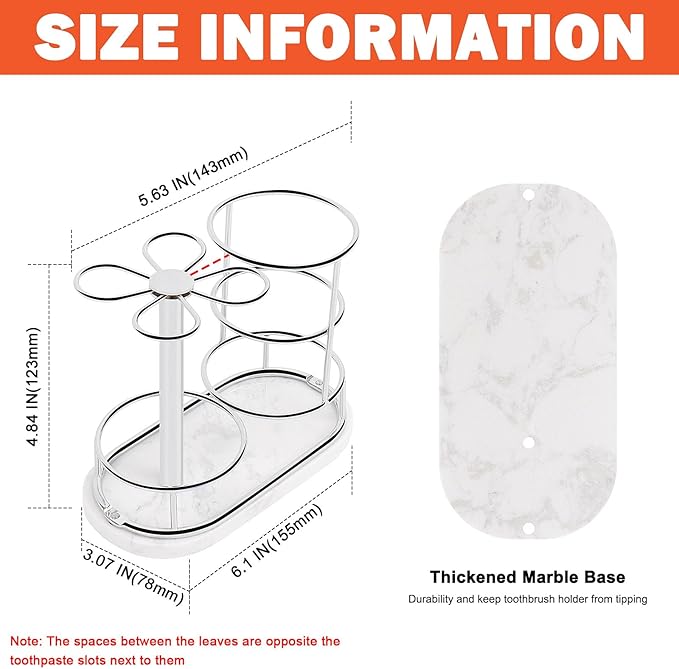 HarJue Toothbrush Holder Stand for Bathroom, Metal Toothbrush Organizer with Marble Base, Toothbrush Storage Collection for Family, Suitable for Home Hotel Countertop Vanity (Medium, Chrome Finish)