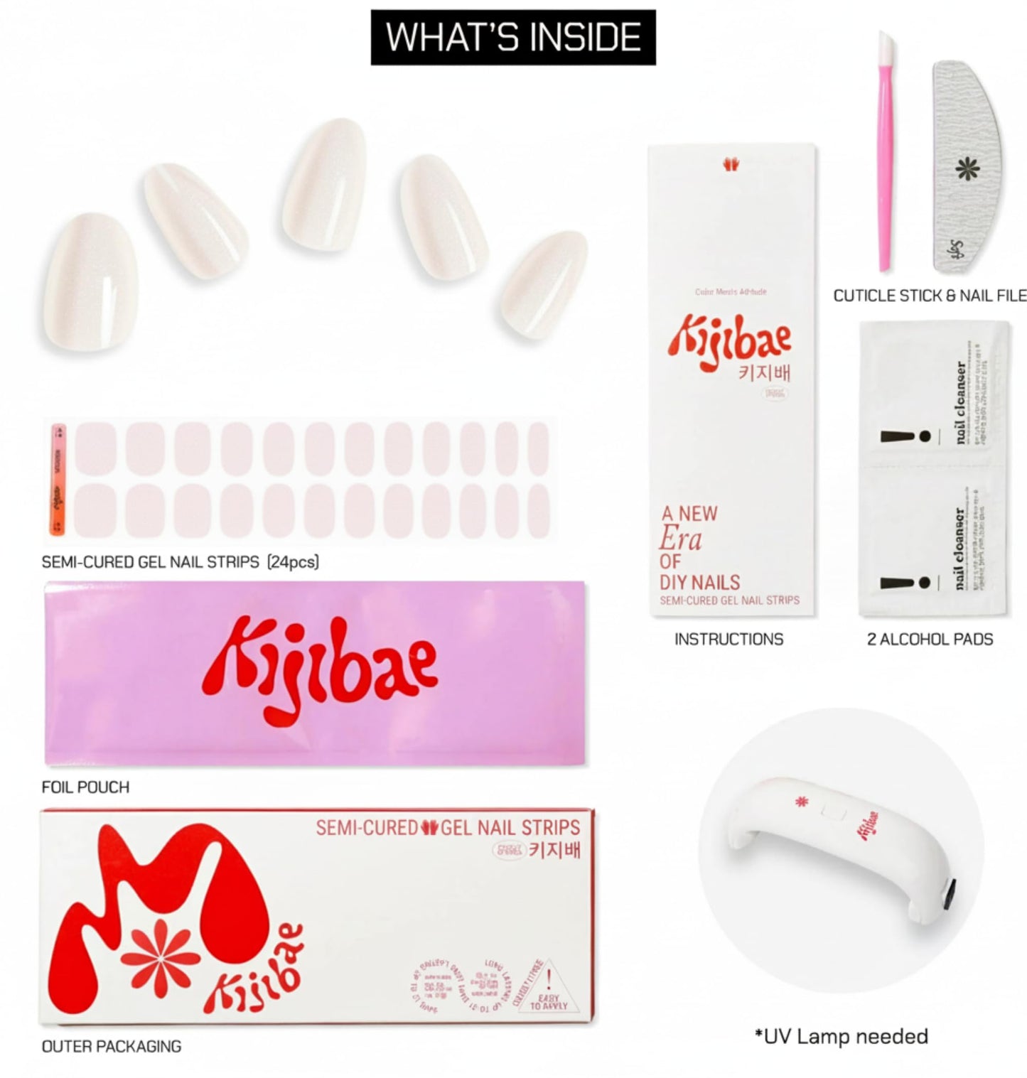 Kijibae Semi Cured Gel Polish Strips | 24pc UV LED Required Wraps | Gift Peel and Stick Nails | Coquette DIY Home Manicure | Press On Alternative (Chill Pearl)