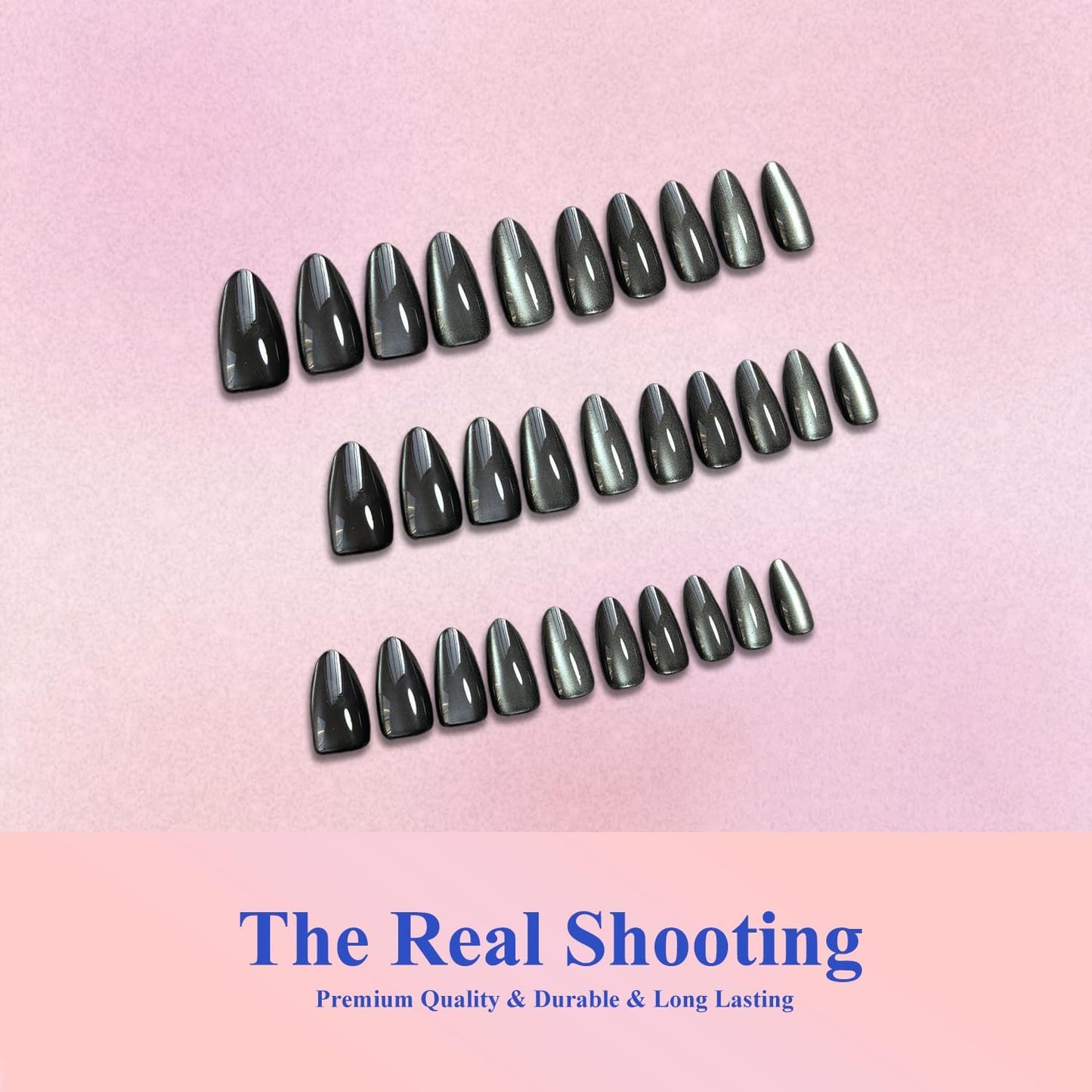 KQueenest Cat Eye Press On Nails Almond - Black Press On Nails Medium Stiletto, 30 Pcs 15 Sizes Glitter Fake Nails Press ons, Upgrade Thick Quality, Reusable Glue on Nail for Women Goth Party