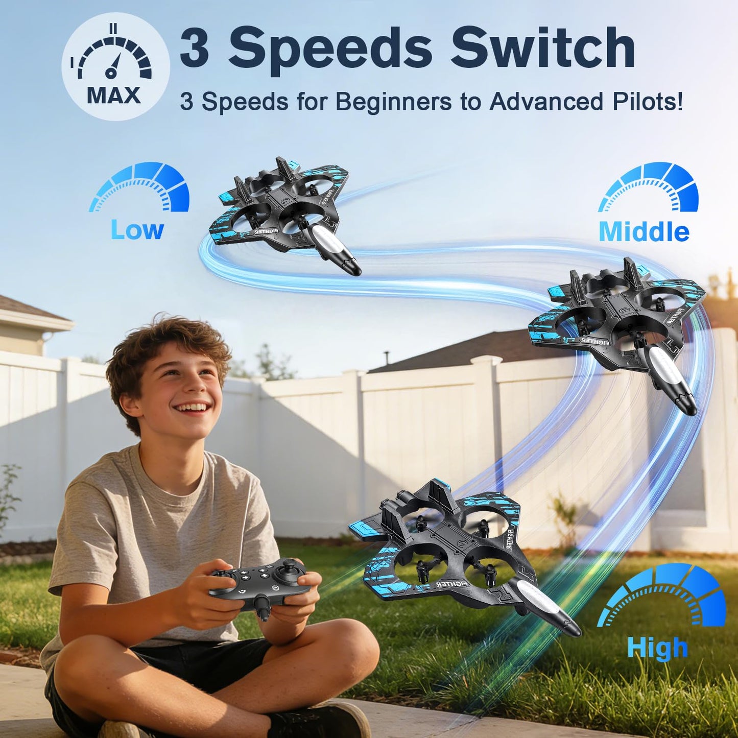serfiman Foam Remote Control Airplane with LED Lights, RC Jet Fighter 360° Flip & Stunt Roll, 2.4GHz RC Plane for Teens & Adults, Blue