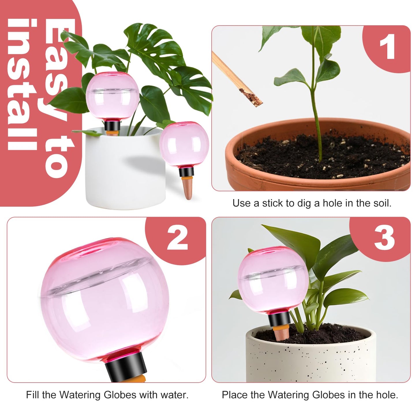 Ansberta 2 Pack Self Watering Globes 17oz Large Plant Watering Globes Top Fill, Self Water Planter Insert Indoor/Outdoor Plastic Water Bulbs Slow Release Terracotta for Plants, Pink