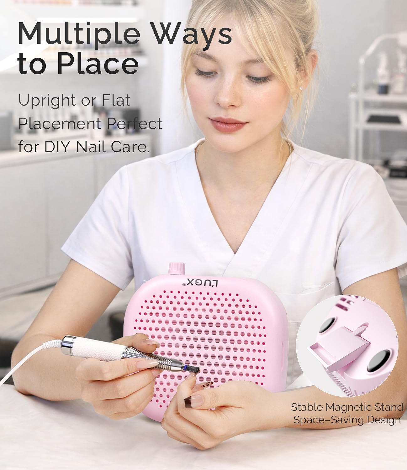 L'UGX Dust Collector Nail Tech – Compact Nail Dust Collector Profesional with Strong Suction, 10-Speed Turbo Fan, LED Display & Low Noise Nail Dust Cleaner for Home & Salon Use-Sakura Pink