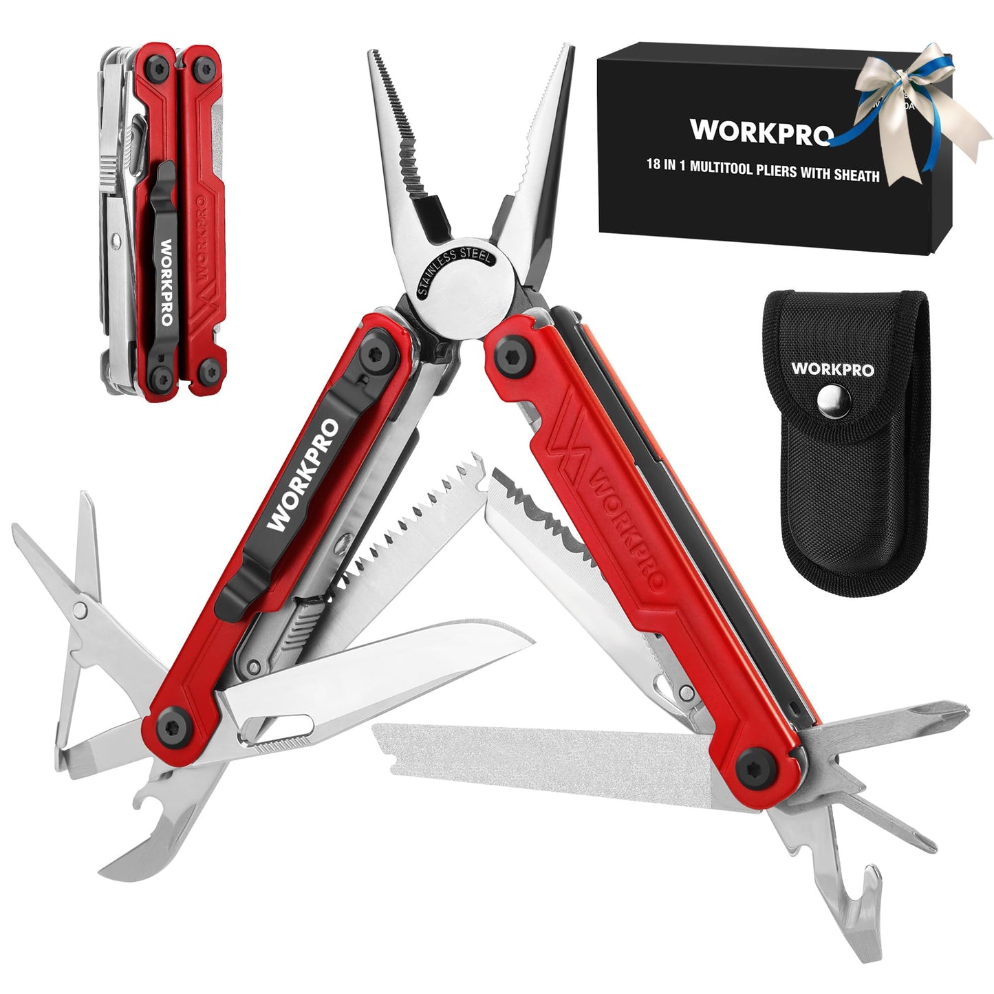 WORKPRO 18-in-1 Multi Tool Pliers, Stainless Steel EDC Multitool with Pocket Knife, 2 Safety Locks, Belt Clip and Oxford Pouch, Multipurpose Utility Multiuse Tool for Outdoor Activities