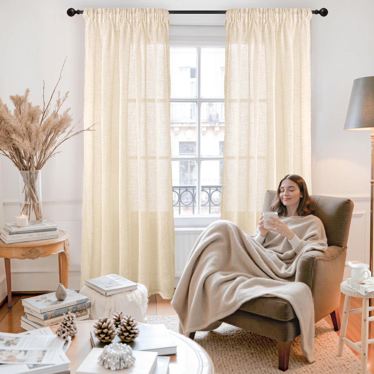 Extra Long Cream Beige Linen Semi Sheer Curtains 95 Inch Length 2 Panels (2 Count)