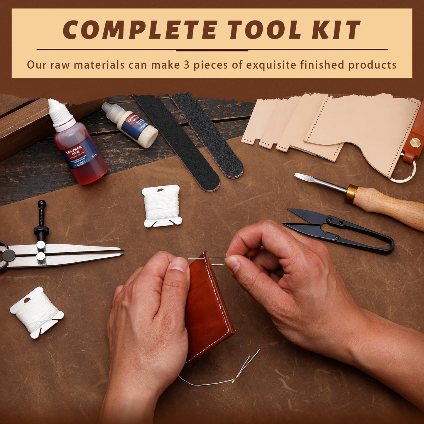 CBHGFEA 51-Piece Leather Working Kit: CBHGFEA Craft Tools Set with Edge Beveler Vegetable Tanned Leather Compass Wax Thread Video Tutorials for Wallets Card Holders and Keychains Crafts for Adults