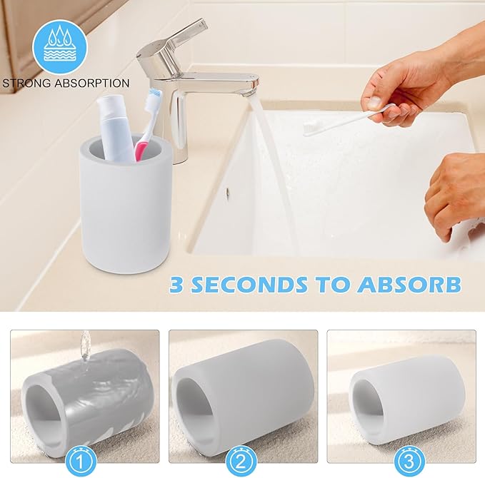 Diatomite Toothbrush Holder, BOJDOPIE Water Absorption Quick Drying Bathroom Countertop Organizer, Stand Cup for Toothpaste Makeup Brushes Razors (Light Grey)