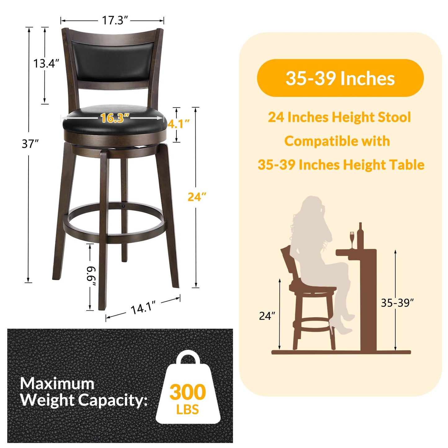 PrimeZone Swivel Bar Stools Set of 2, 24 Inch Counter Height Barstools, Black Faux Leather Bar Stool with High Backrest & Solid Wood Legs & Wrap-around Footrest, Counter Stools for Kitchen Island, Pub