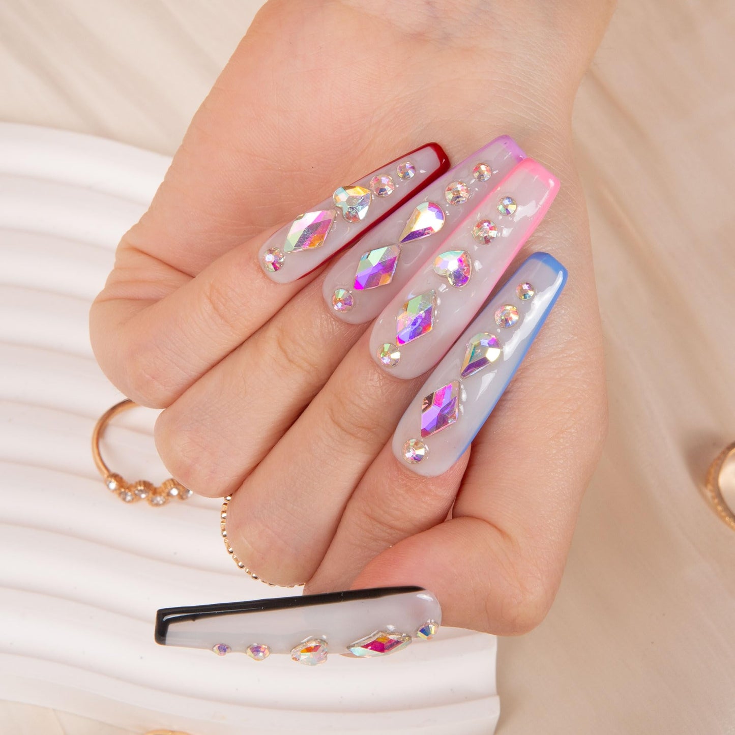 LOVFUL Press on Nails Galaxy Colorful French Tip | Handmade with Full Covered Crystals | Reusable Full Cover Nails | Coffin Mid length 1.7 in | H86-L