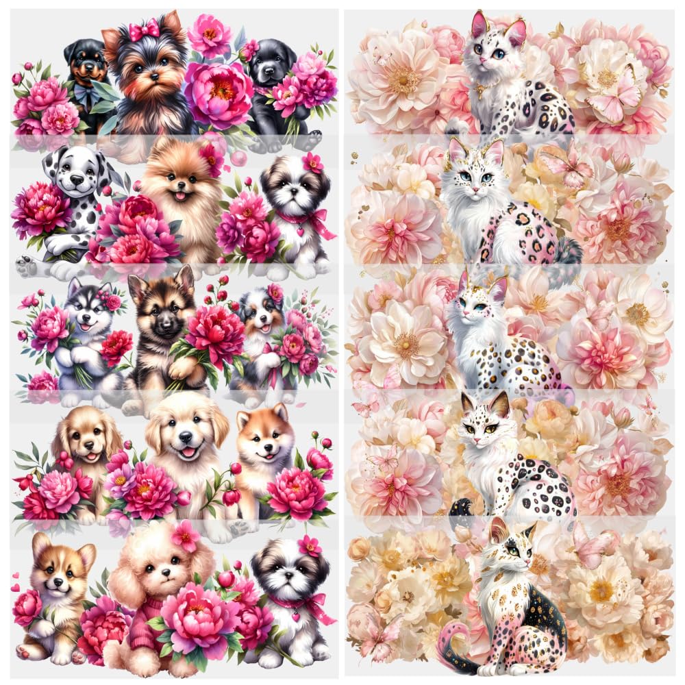 10 Sheets Dogs and Cats UV DTF Transfer Stickers, for Libbey Glass Tumbler, Waterproof Decals, Plastic Adhesive Label for Bottles and Cups Decor