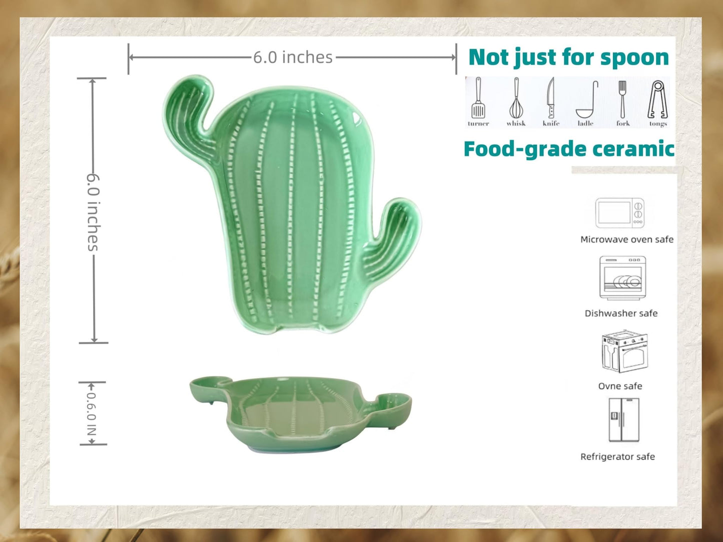 Ceramic Spoon Rest for Stove Top & Kitchen Counter Spoon Holder for Stove & Cooking Spoon Holder for Ladle Cute Coffee Spoon Rest Utensil Rest Spatula Rest, Green Cactus Kitchen Decor & Accessories