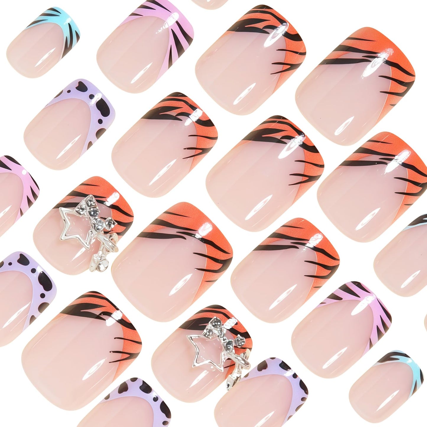 MISUD Press on Nails - Short Square Fake Nails with Summer Colorful French Tip, Acrylic Animal Print Design 24 pcs