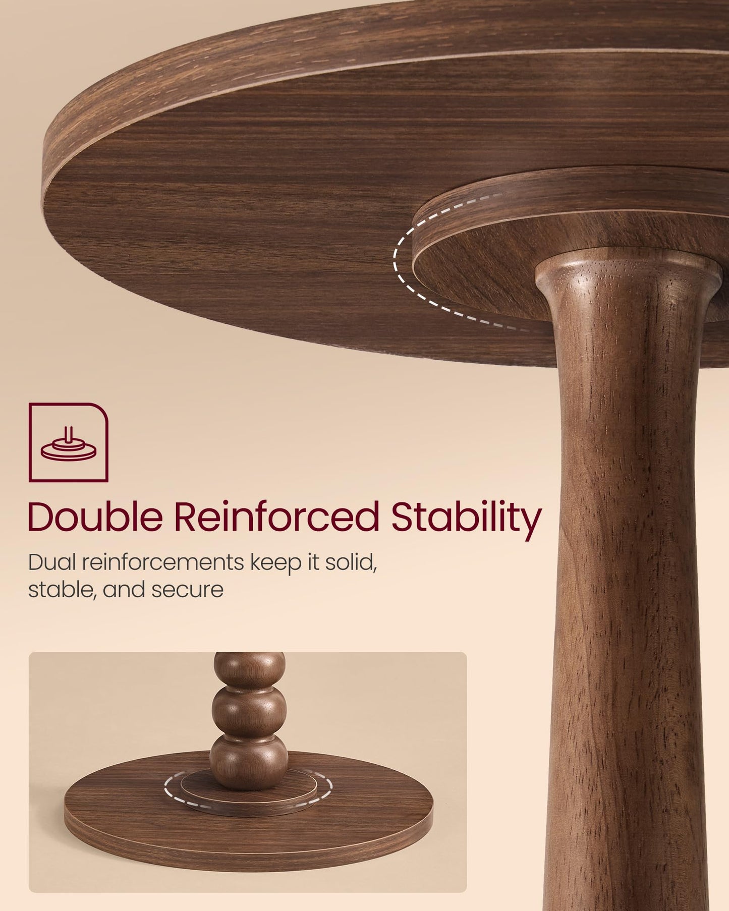 VASAGLE MARIEL Collection - Round Side Table, Small Drink End Table for Small Spaces, Accent Nightstand, Solid Wood Leg, Mid-Century Modern, for Living Room Bedroom, Chestnut Walnut ULET293KX01S