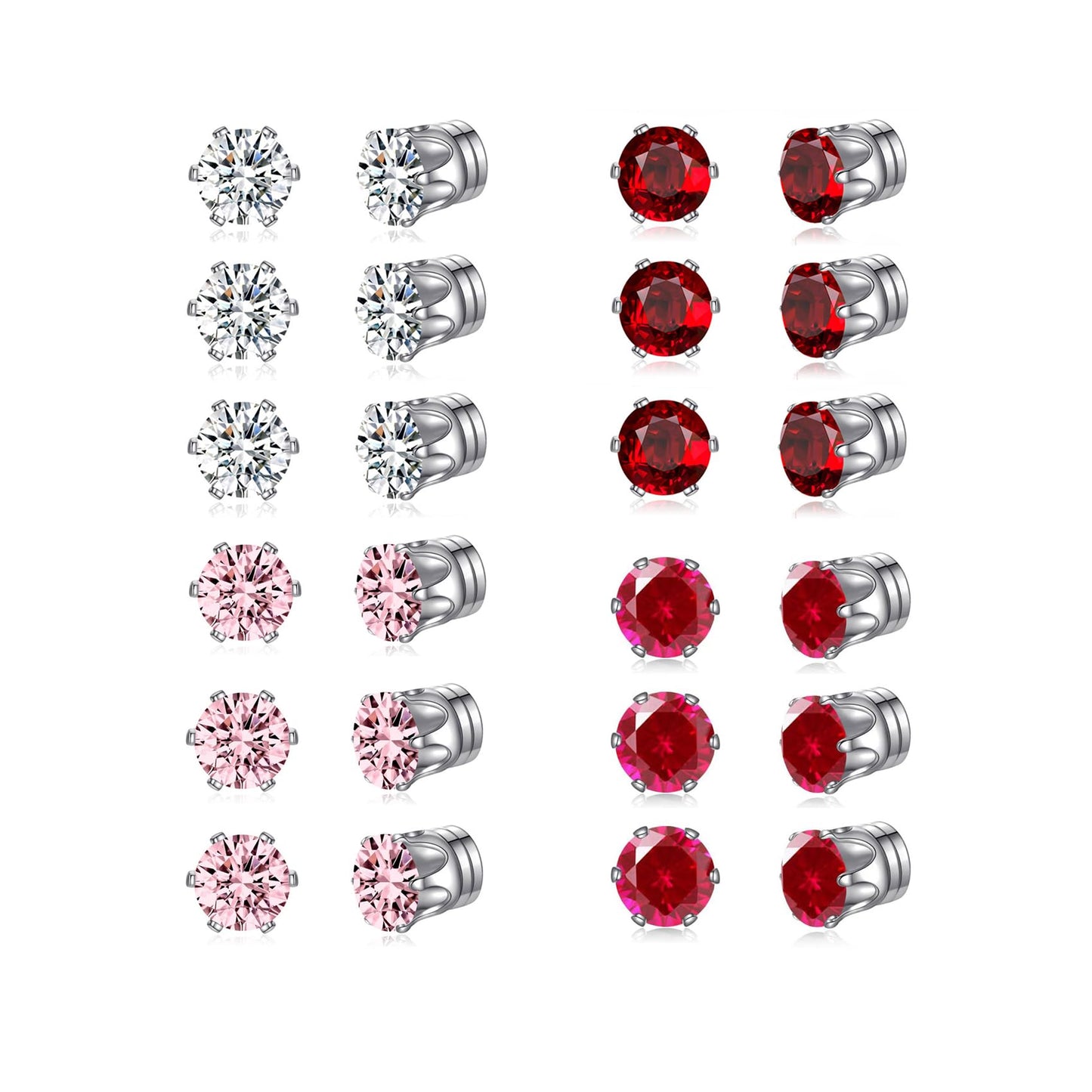 Spiritlele 12 Pairs Red Pink Cubic Zirconia Magnetic Earrings Clip on Non Piercing Earrings Set for Women 5MM