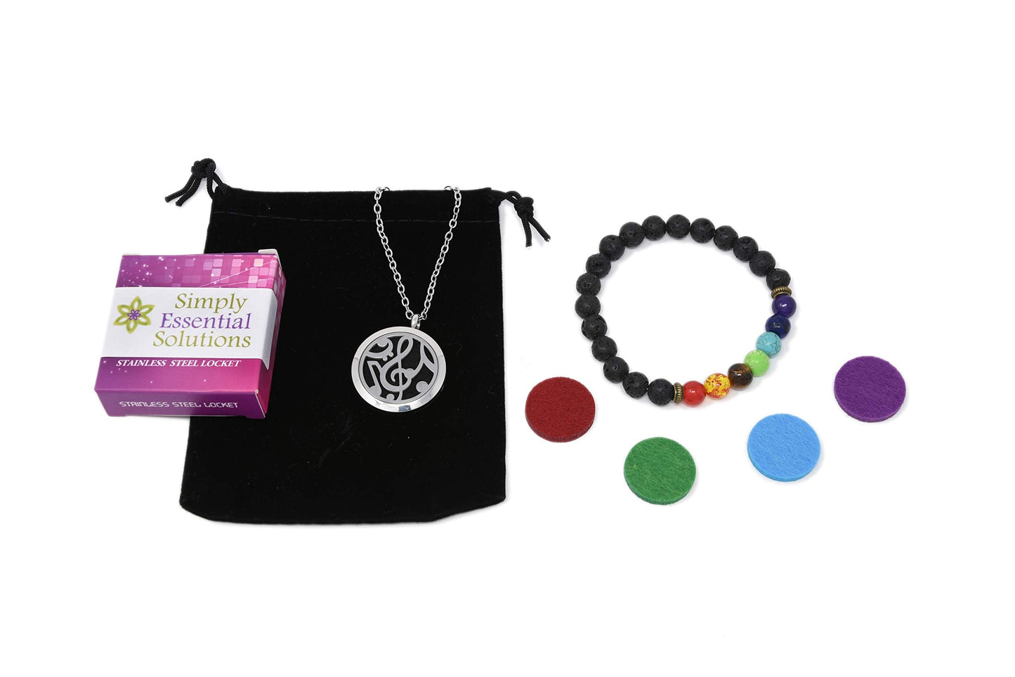 Aromatherapy Essential Oil Diffuser Stainless Steel 30MM Silver Magnetic Locket Pendant 2 Sizes Chain Necklace, Refill Pads & Diffuser Bracelet in a Velvet Bag (Music2)