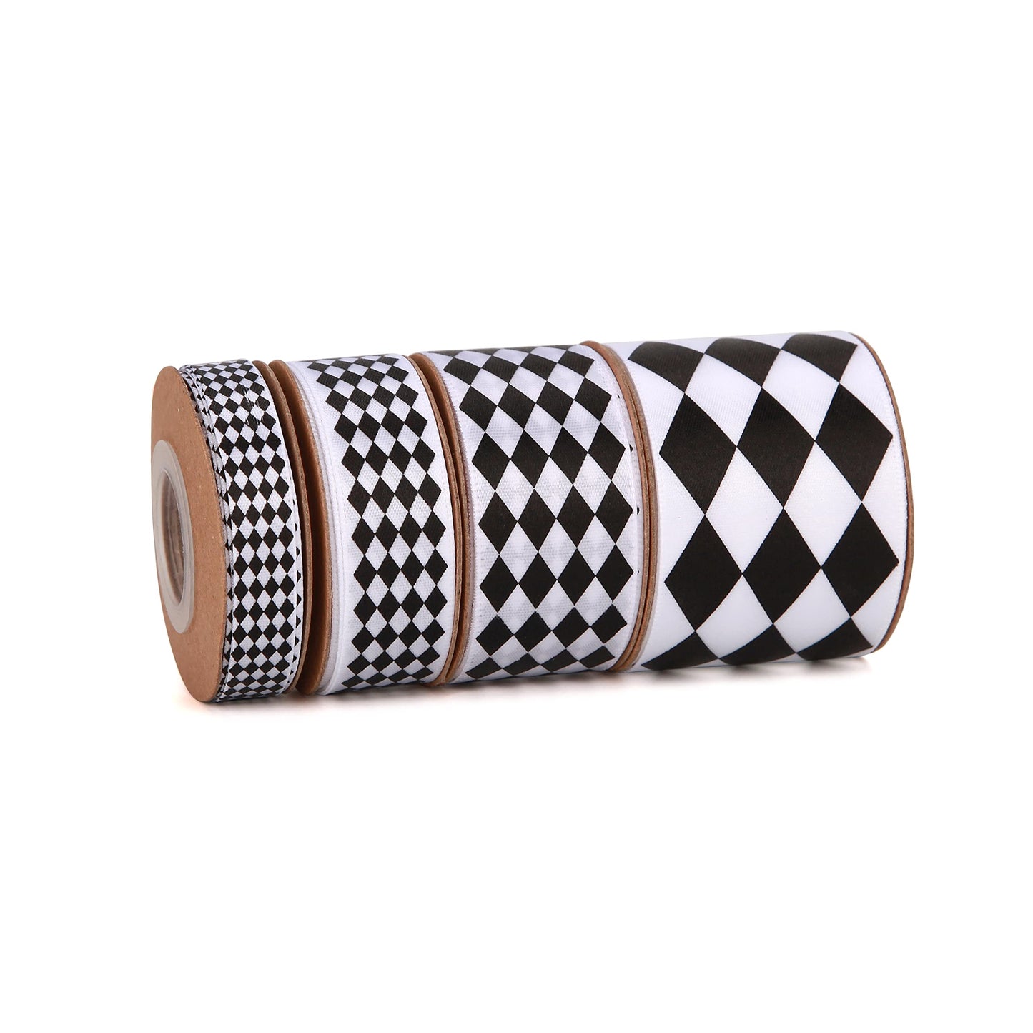 Meseey 4 Rolls Total 20 Yards Black & White Diamond Check Satin Ribbon, Harlequin Plaid Ribbons for Gift Wrapping, Crafts, Weddings & Party Decor