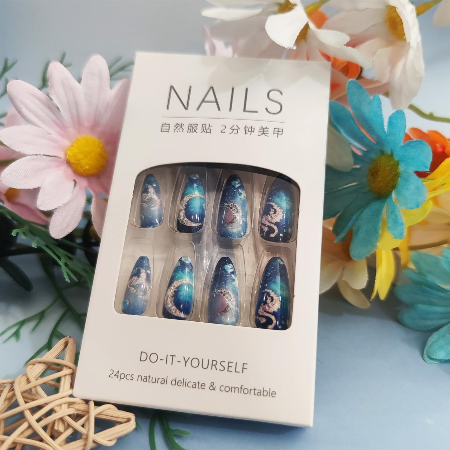 24Pcs Moon Press ons Fingernails Starry Sky Gel Glue on Acrylic Fake Nails Milky Way Press on Nails Glossy Blue Gradient Medium Almond False Nail Sea Horse Stick on Nail for Holiday Manicure Art