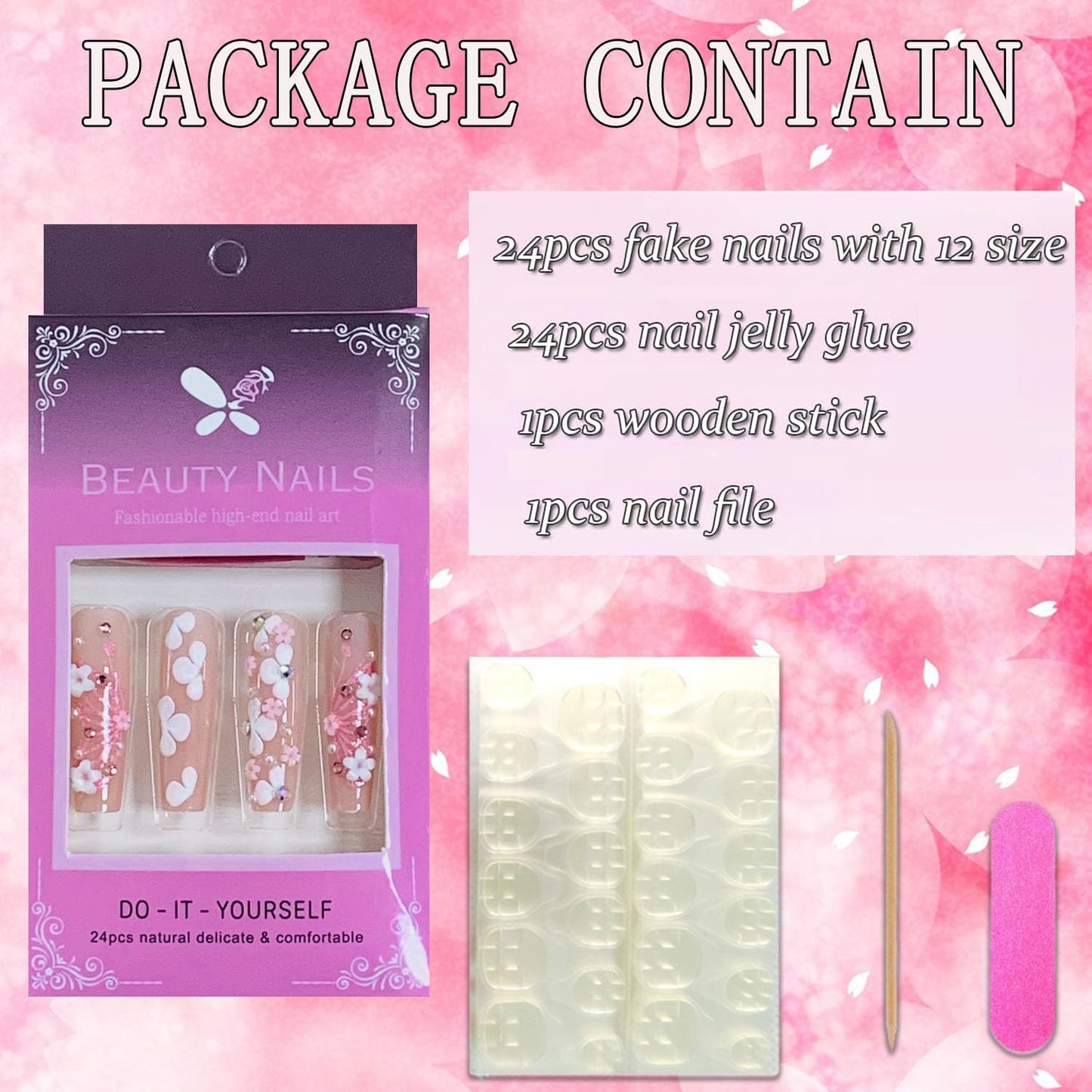 FIEONCIY Press on Nails Coffin Long Length Acrylic Glossy Full Cover Square Shaped French False Nails with Designs Artificial Extra Long Fake Nails with Charms Glue ons Fingernails for Women(CC31)