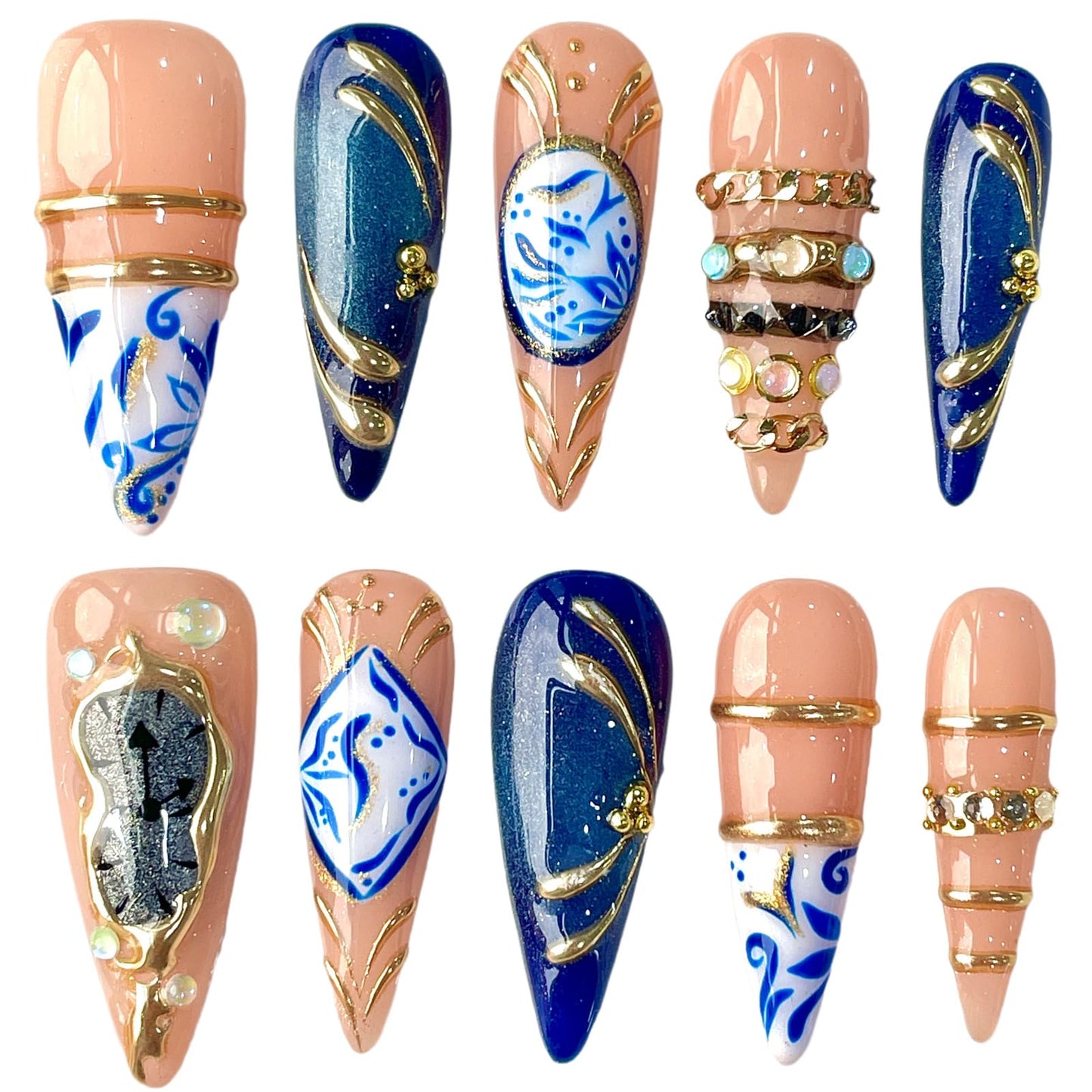 3D Handcrafted Press On Nails, Luxury Fake Nails with Porcelain Pattern, Ring Jewelry Inspired & Unique Clock Face Design, Reusable Acrylic False Nails Navy Blue (M)