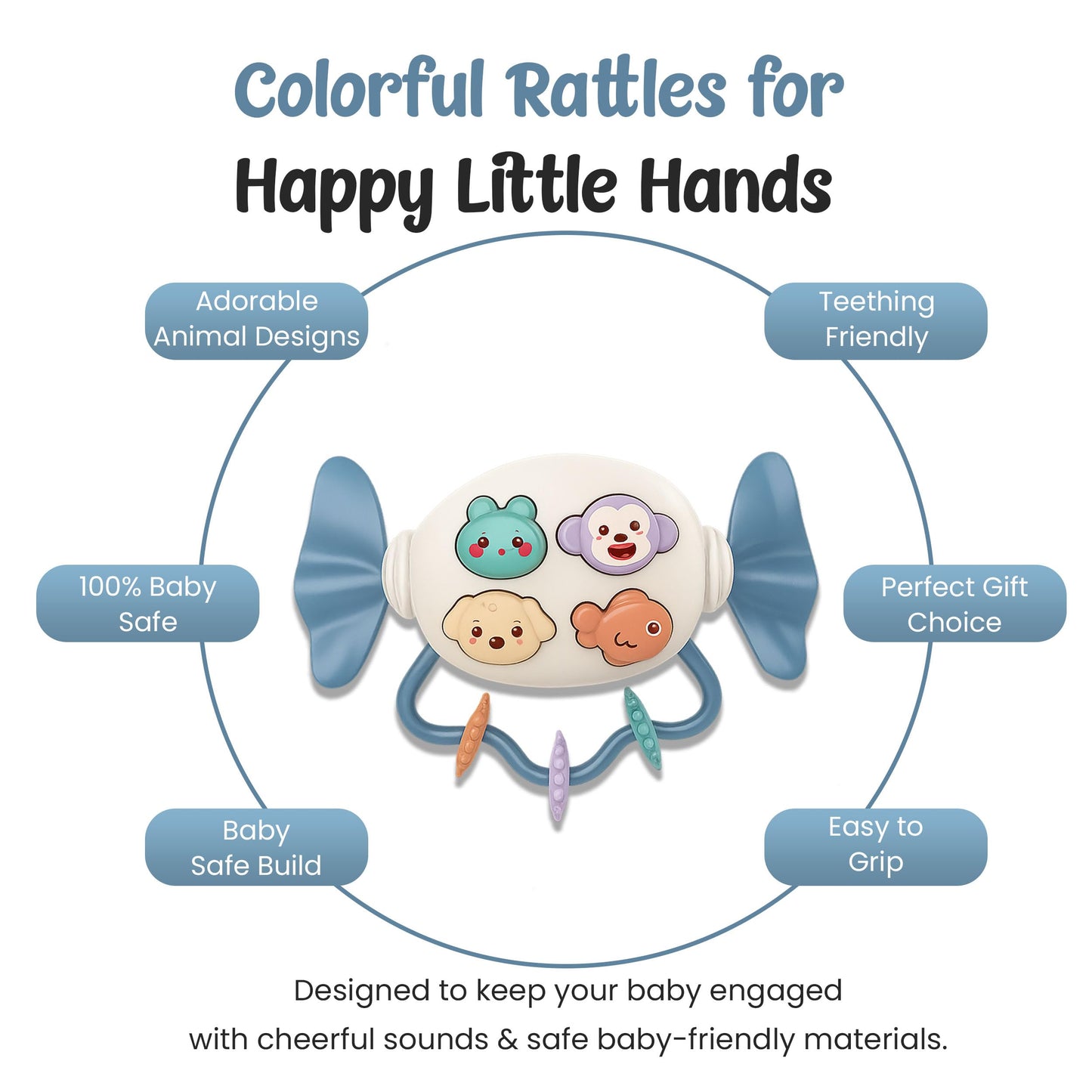 Rattle Teether (2 in 1) Candy Shape with Animals Theme, Musical Learning and Lighting, BPA-Free, Safe Chewable, Soothing Toy, Best for Infants, Baby Shower, Birthday Gift (Blue)