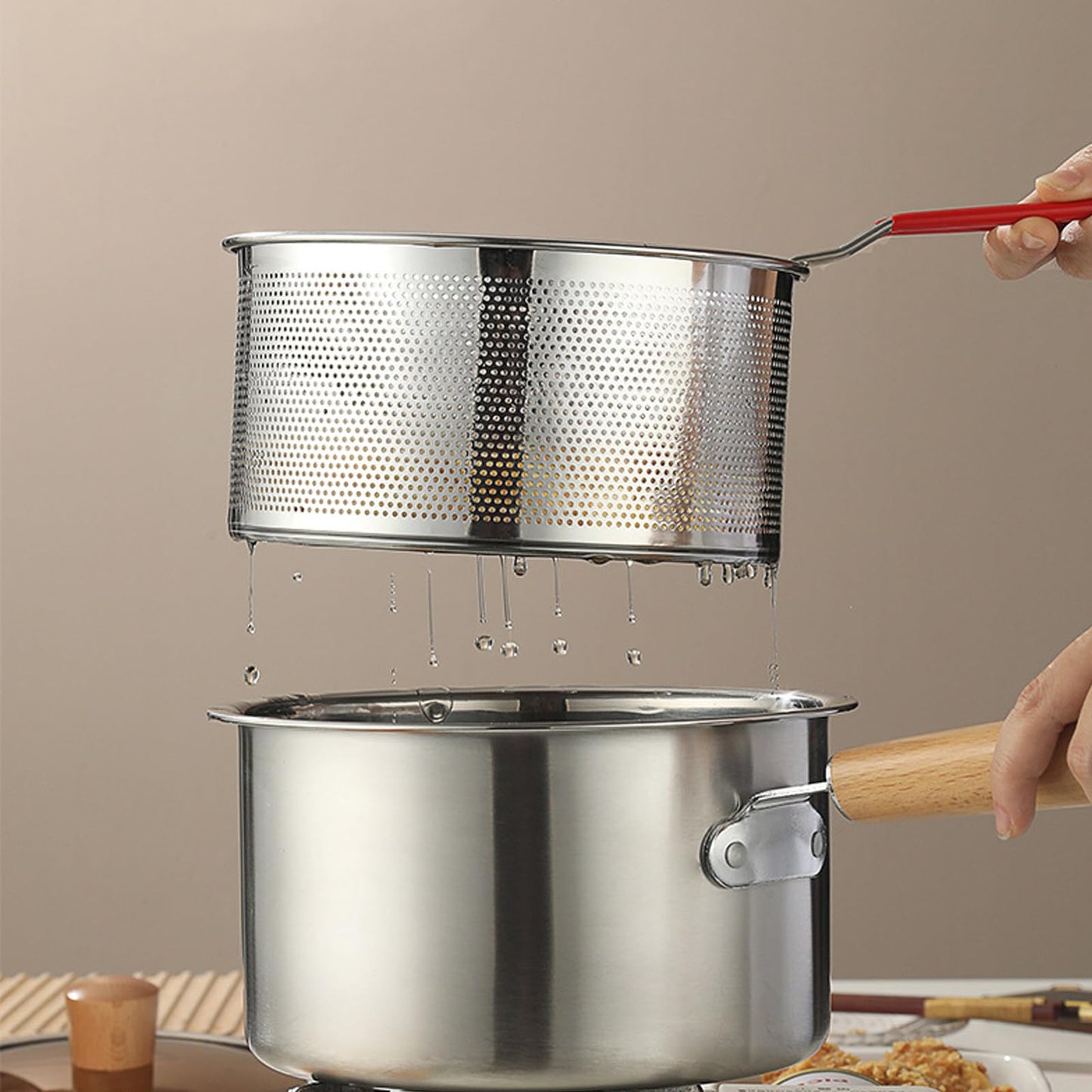 Pasta Strainer Set of 2, Stainless Steel Noodle strainer with Removable Handle Metal Pasta Strainer Basket Deep Fryer Basket, Kitchen Colander for Washing Draining Deep-frying Boiling Steaming