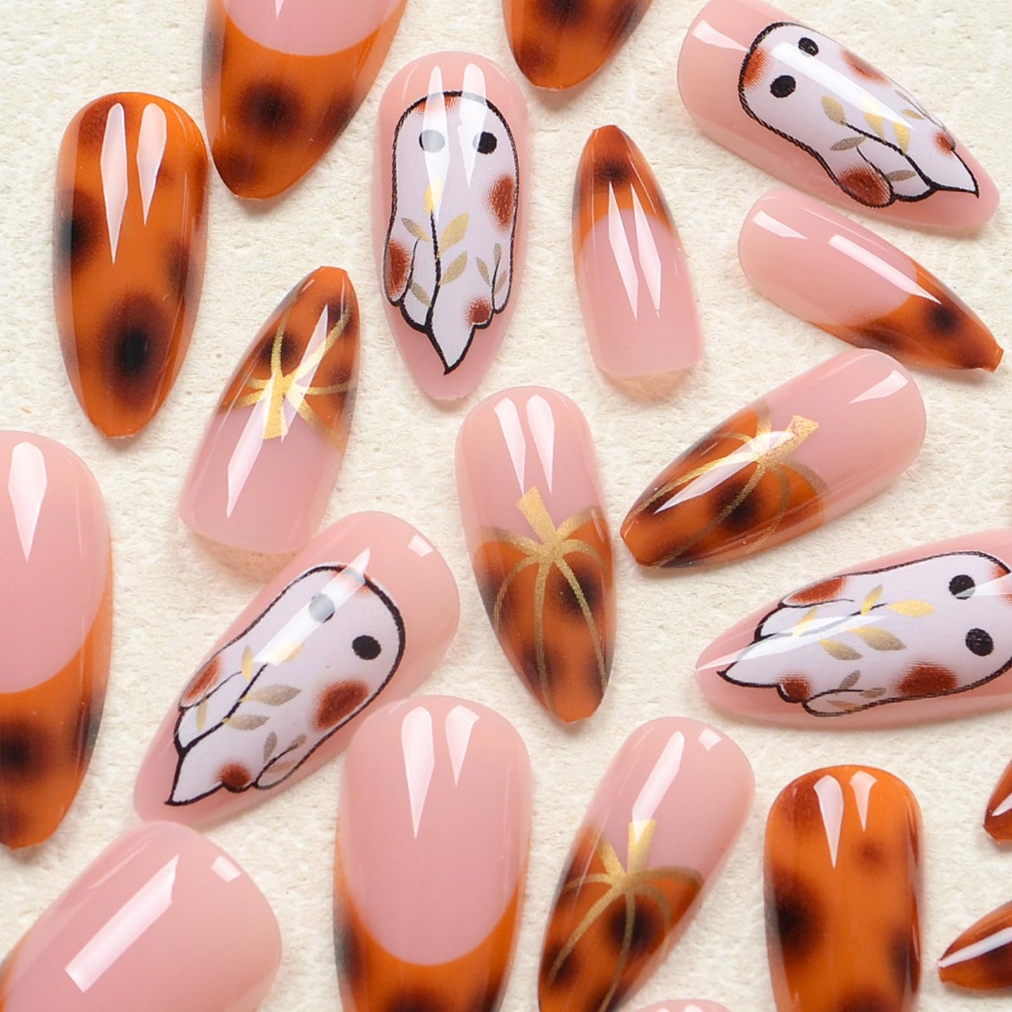 IMSOHOT Halloween Press on Nails - Medium Almond Handmade Fake Nails, Brown Amber Pumpkin French Nail Tips, Cute Ghost Designs, Full Cover Acrylic Glossy Fall False Nails 24Pcs