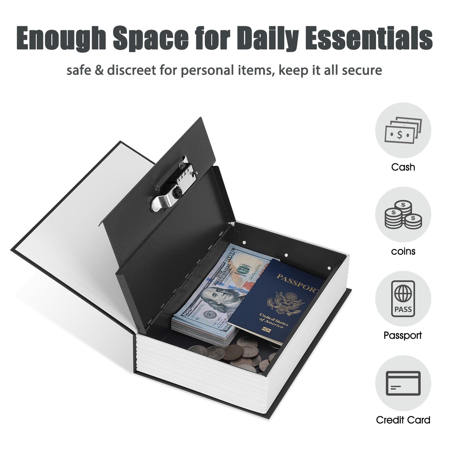 KYODOLED Diversion Book Safe with Combination Lock, Secret Safe Metal Lock Box, Money Storage Collection Box, 9.5" x 6.2" x 2.2" Black Large