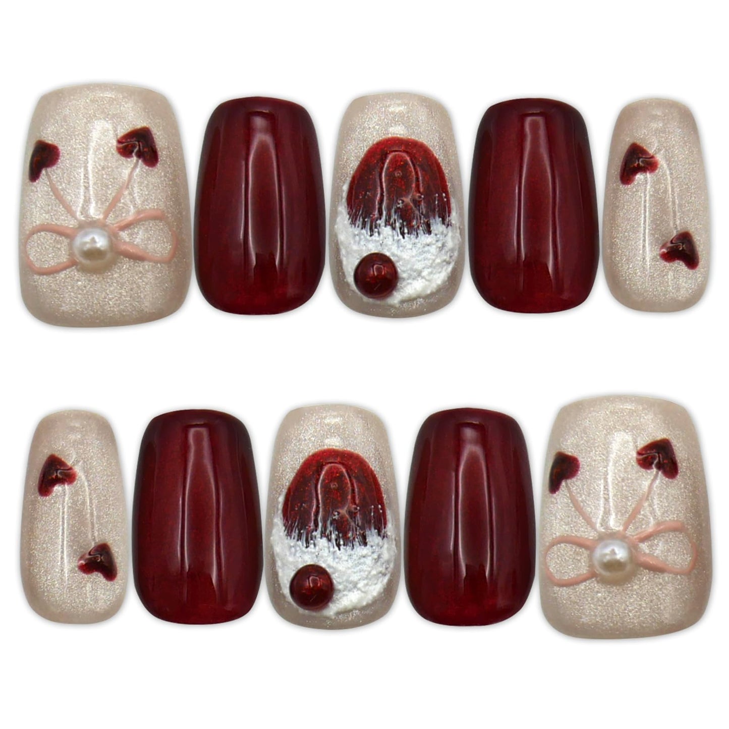 Pearl White and Red Holiday Design with Hearts and Bowson on Nail Art Design for Women, Short Press-On Nails, in 10 Sizes