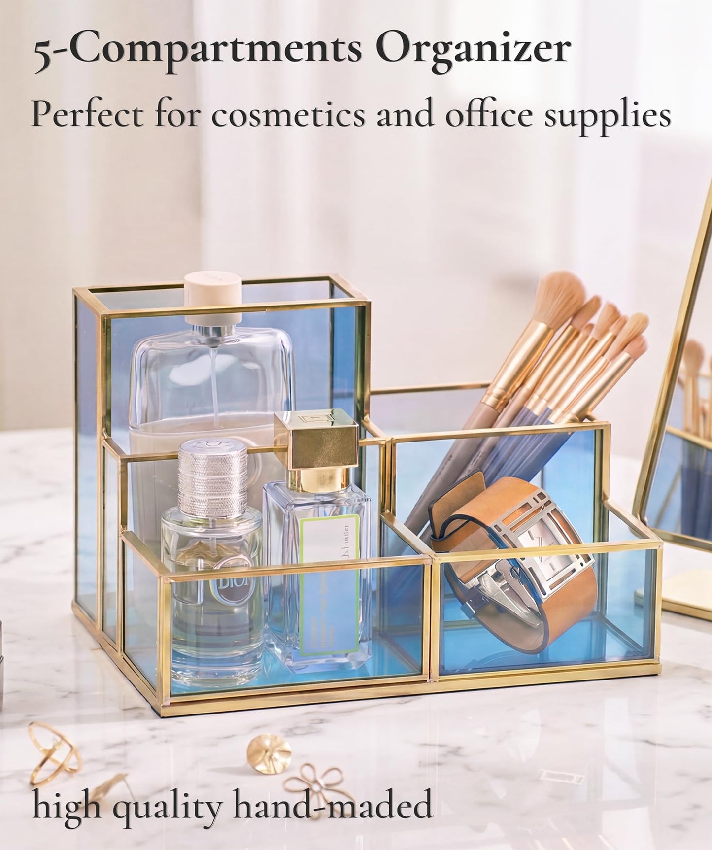FONDAZZA 5-Compartment Desk Organizer for Home Office Supplies, Gold Brass with Blue Glass, Workspace Storage for Stationery, Cosmetic, Makeup Tools and Brush.