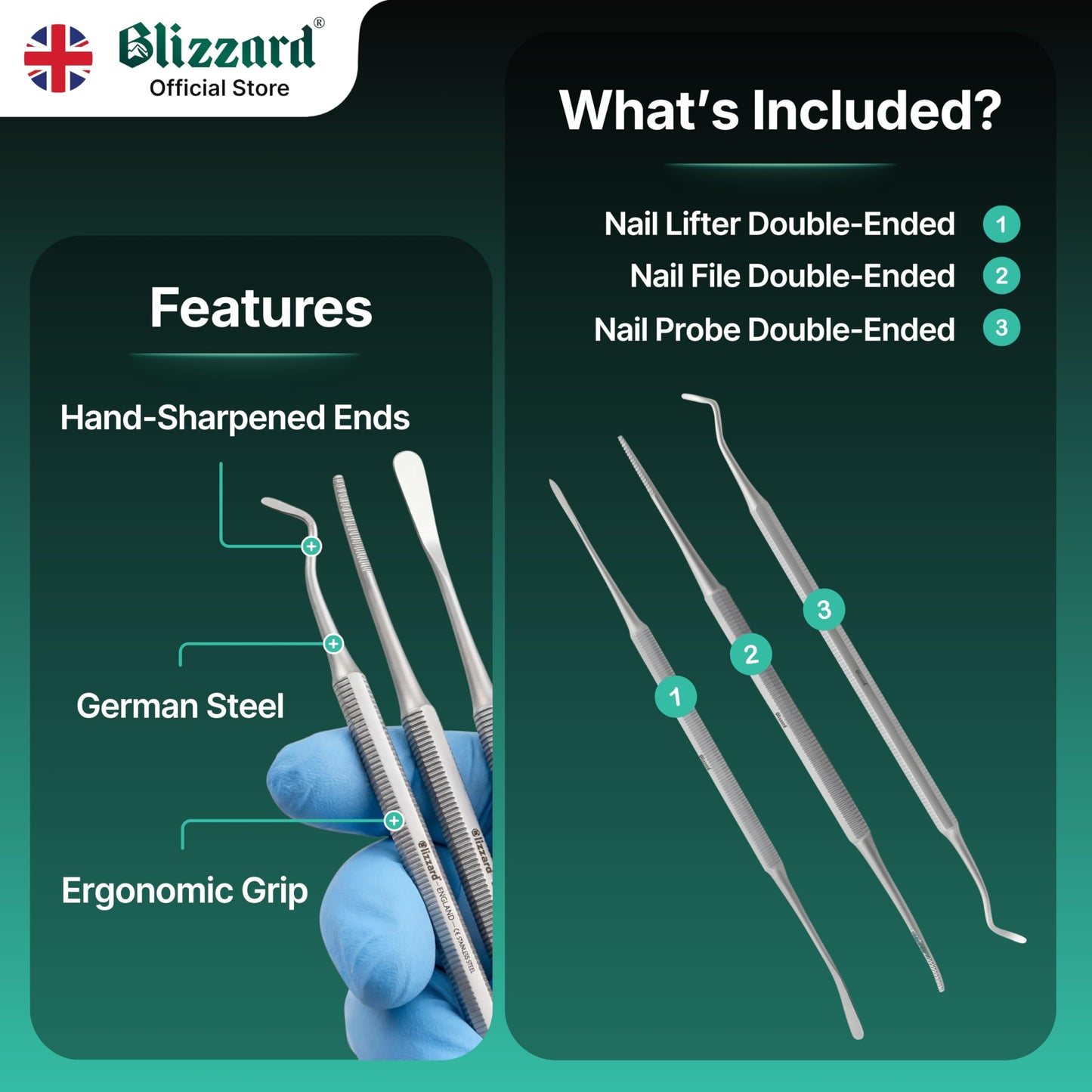 Blizzard Premium Blacks File Foot Care Pedicure Kit – 3-Piece Ingrown Toenail Kit – Double-Sided Toenail Cleaner, Nail File & Nail Lifter – Stainless Steel Podiatry Tools Professional Nail File Set