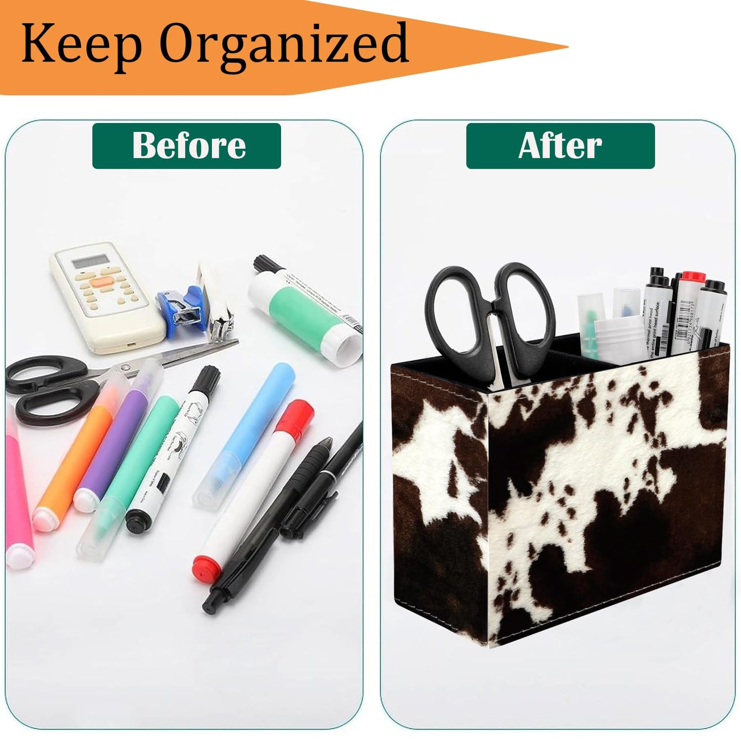 VSHSEEOM Pen Holder for Desk, PU Leather Multifunctional Desktop Storage Box and Anti-Slip Mouse Pad Set, Makeup Brush Holder Pen Organizer for Office and Home - Cow Hide Print
