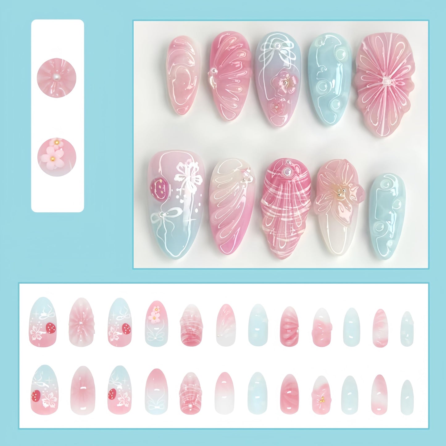 24Pcs Pink Blue Gradient Press On Nails Medium Almond Fake Nails 3D Ripple Bow Pearl Design Stick on Nails White Hibiscus Bow Strawberry Beach Waves False Nails Cute Floral Acrylic Nails for Women