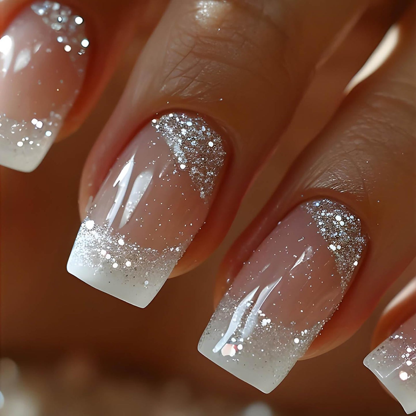 Square Press on Nails White French Tip Nails Press ons Medium Fake Nails with Silver Glitter Designs False Nails Ombre Glossy Artificial Nail Acrylic Glue on Nail for Women Girls 24Pcs