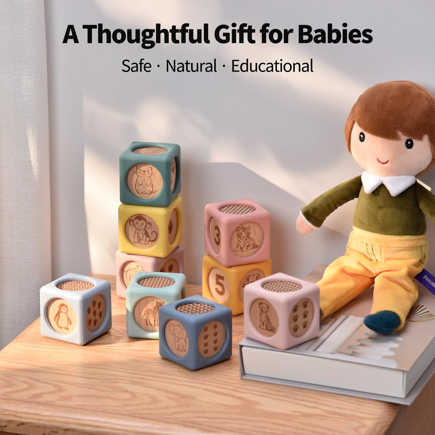 Little Rawr 9 Pcs Baby Silicone & Wooden Stacking Blocks, Food-Grade Silicone Baby Toy with Natural Wood Inserts, Soft Chewable Montessori Blocks for Toddlers, Animal Learning Toy