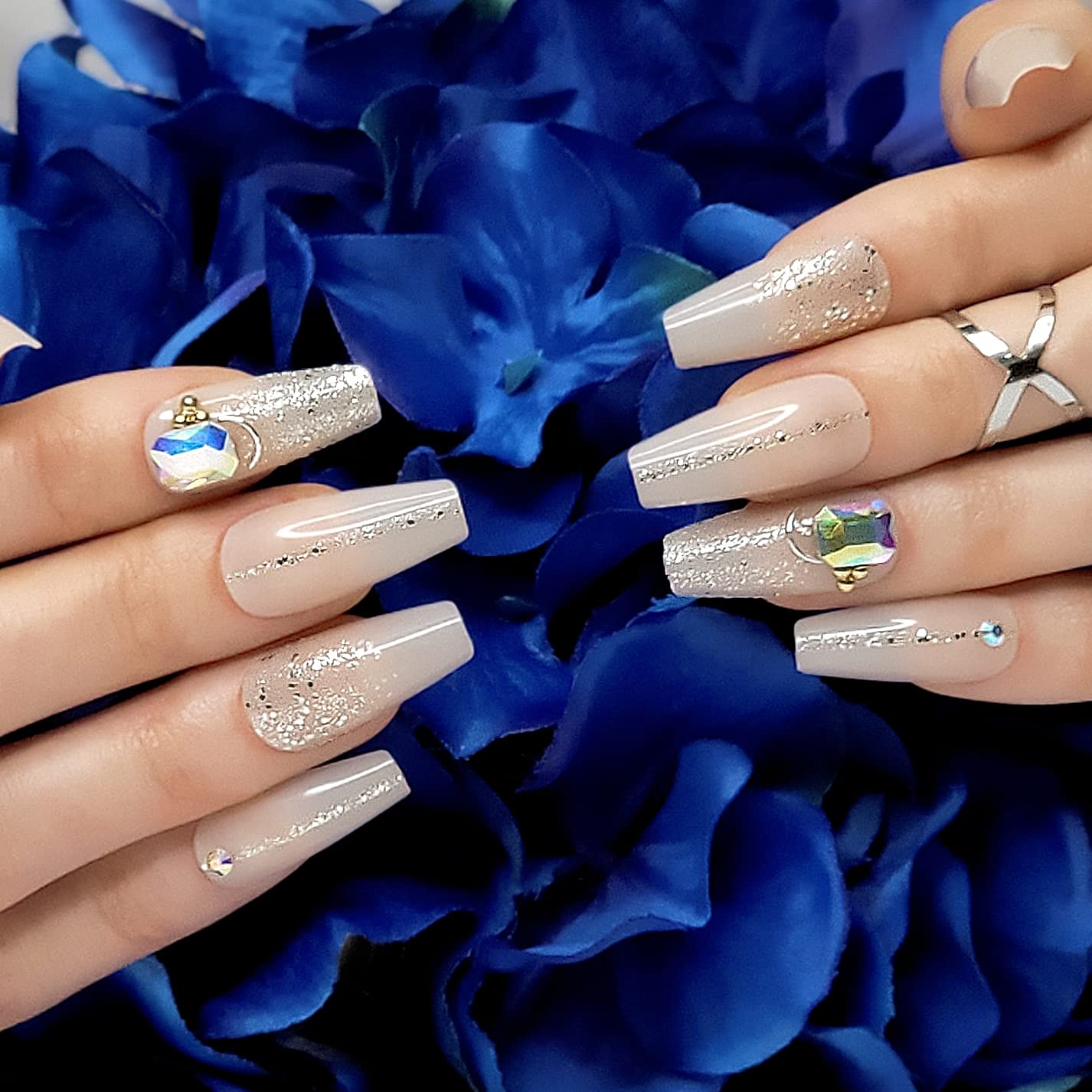 Hypnaughty 24 Pcs Jewels Rhinestone and Ombre Glitter Nude Luxury Coffin Bling Press on Nails with Design and Glue Medium Long Nude False Nails with Gems (Jewels)