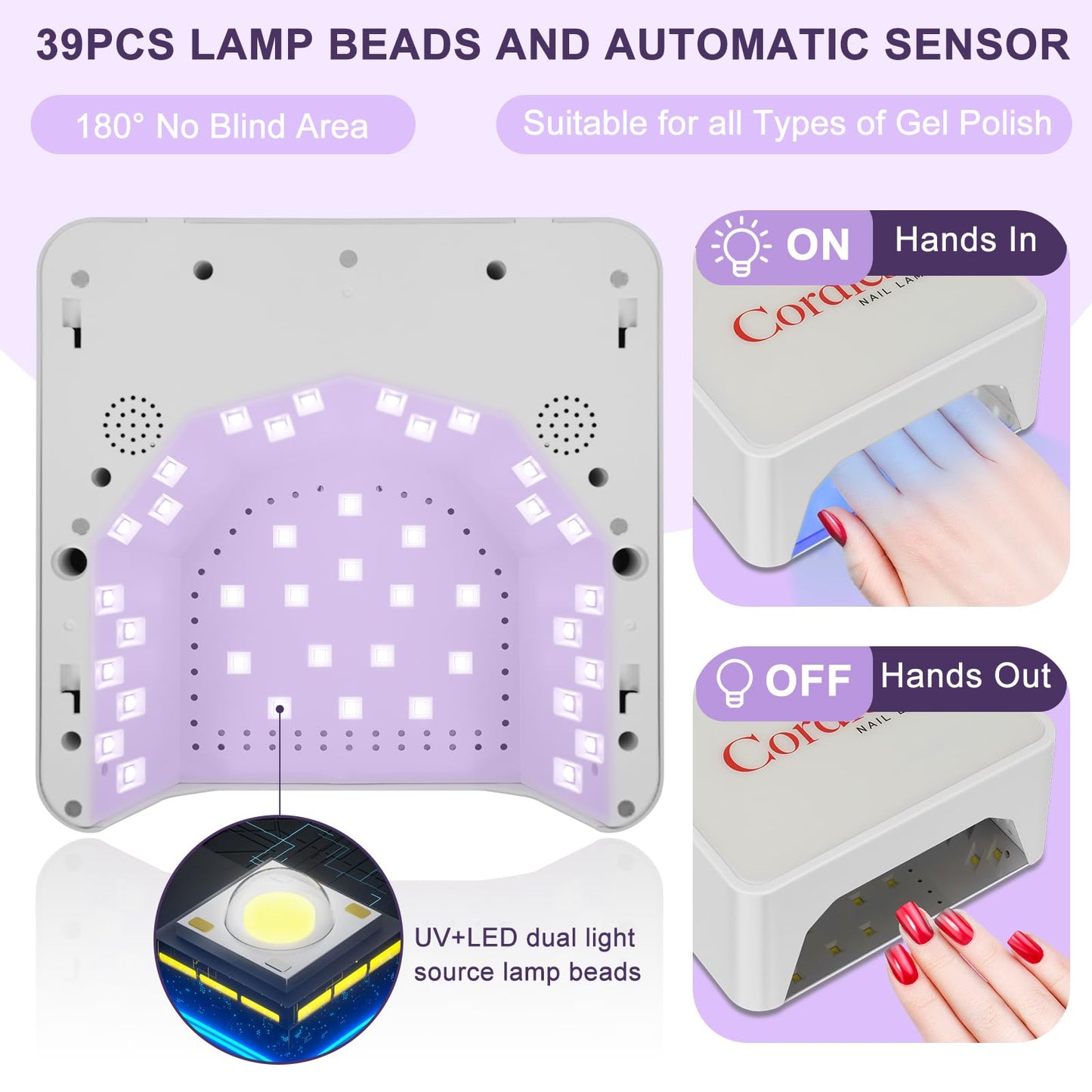 Rechargeable Cordless UV LED Nail Lamp, 86W UV Nail Light for Gel Polish & Acrylic Nails, Fast Curing Nail Light for Gel Nail, Metal Mirror Bottom, Auto Sensor, 39 LED Beads, Salon & Home Use (White)