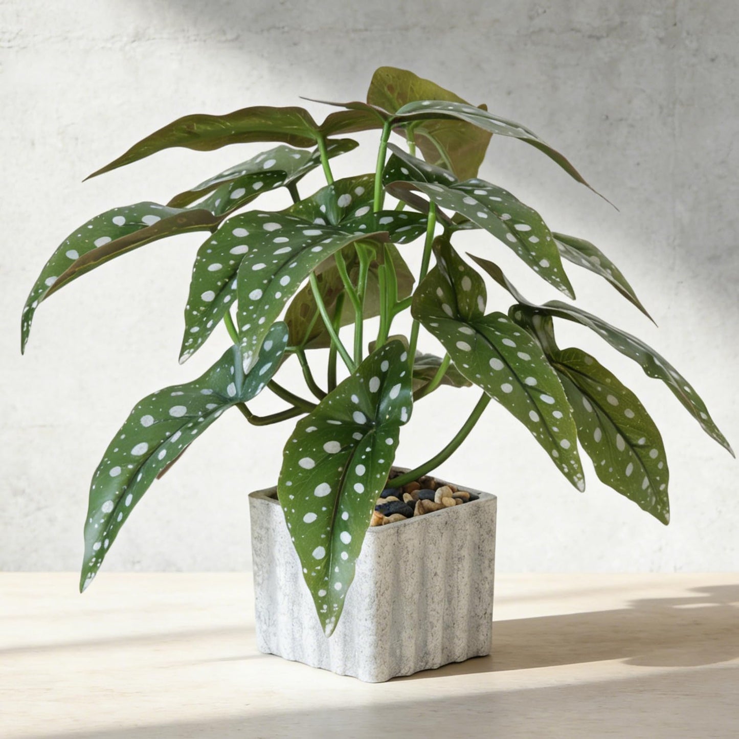 Muhanjia Artificial Potted Plant, Lifelike Faux Greenery in Decorative Cement-Look Square Pot for Indoor Home Decor Centerpieces (Polka Dot Begonia)